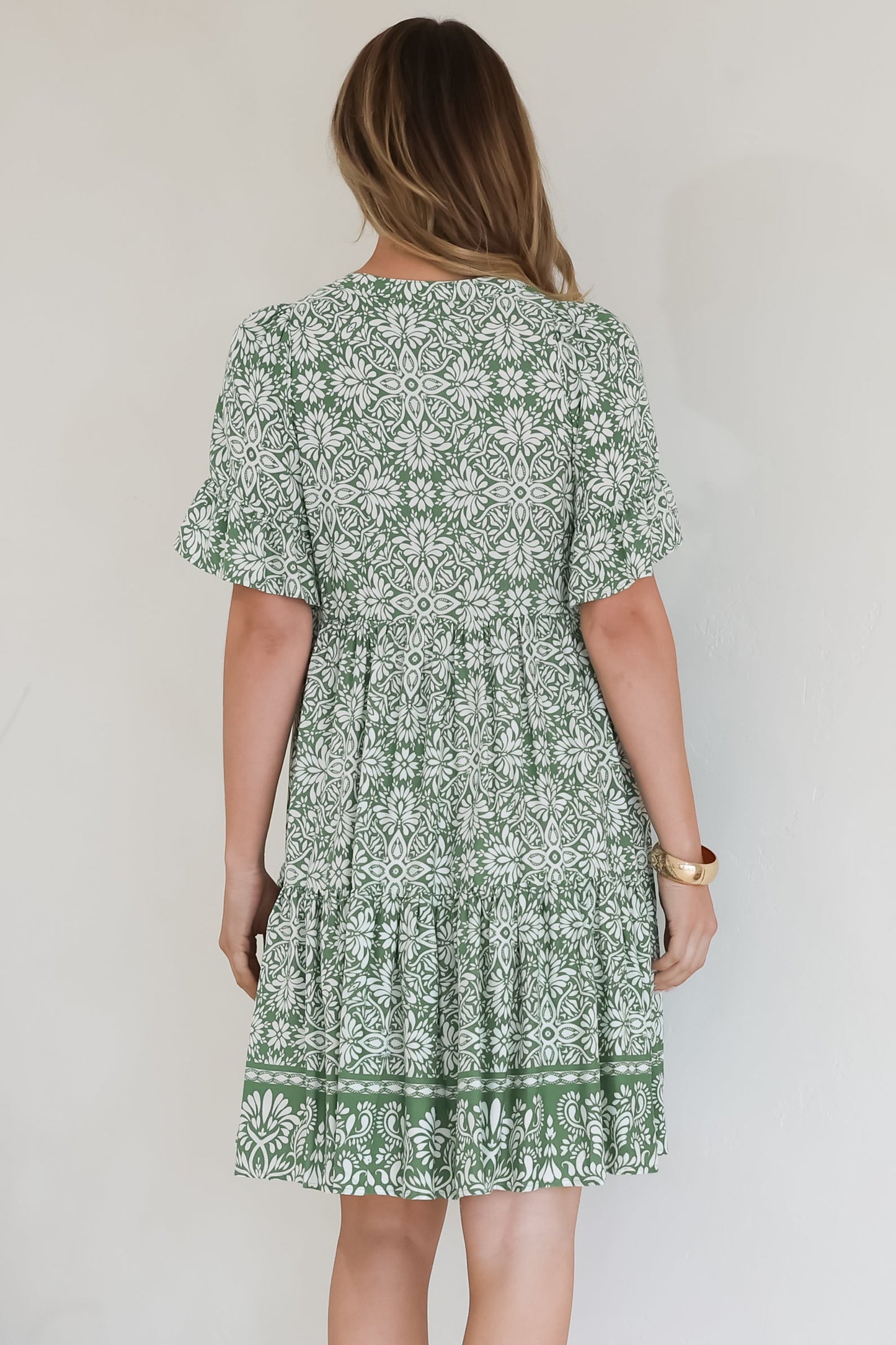 Abilia Mini Dress - Mandarin Collar Smock Dress in Harley Print Green