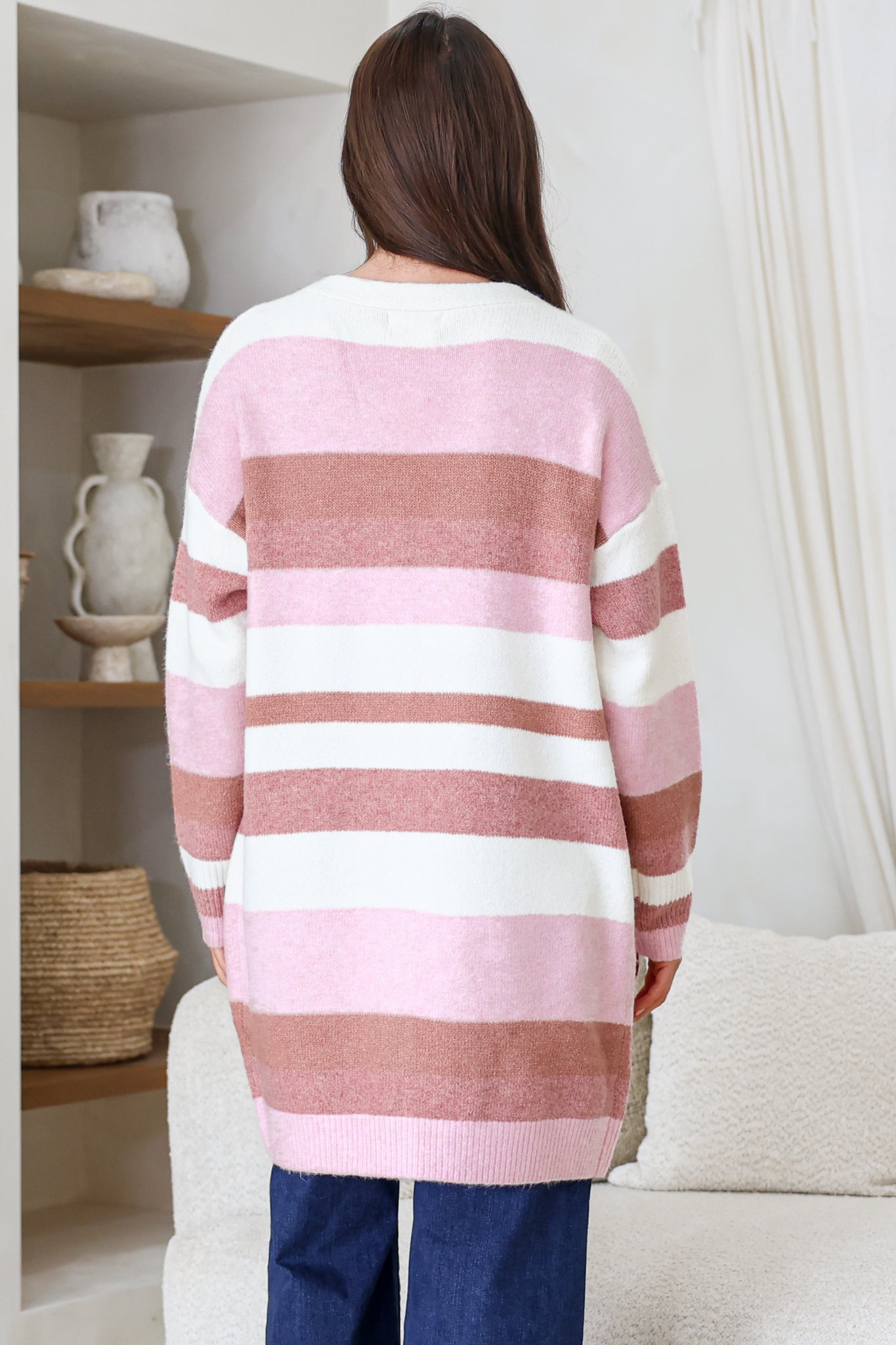 Alfie Cardigan - Open Stripe Knit with Pockets and Rib Knit Trim in Pink