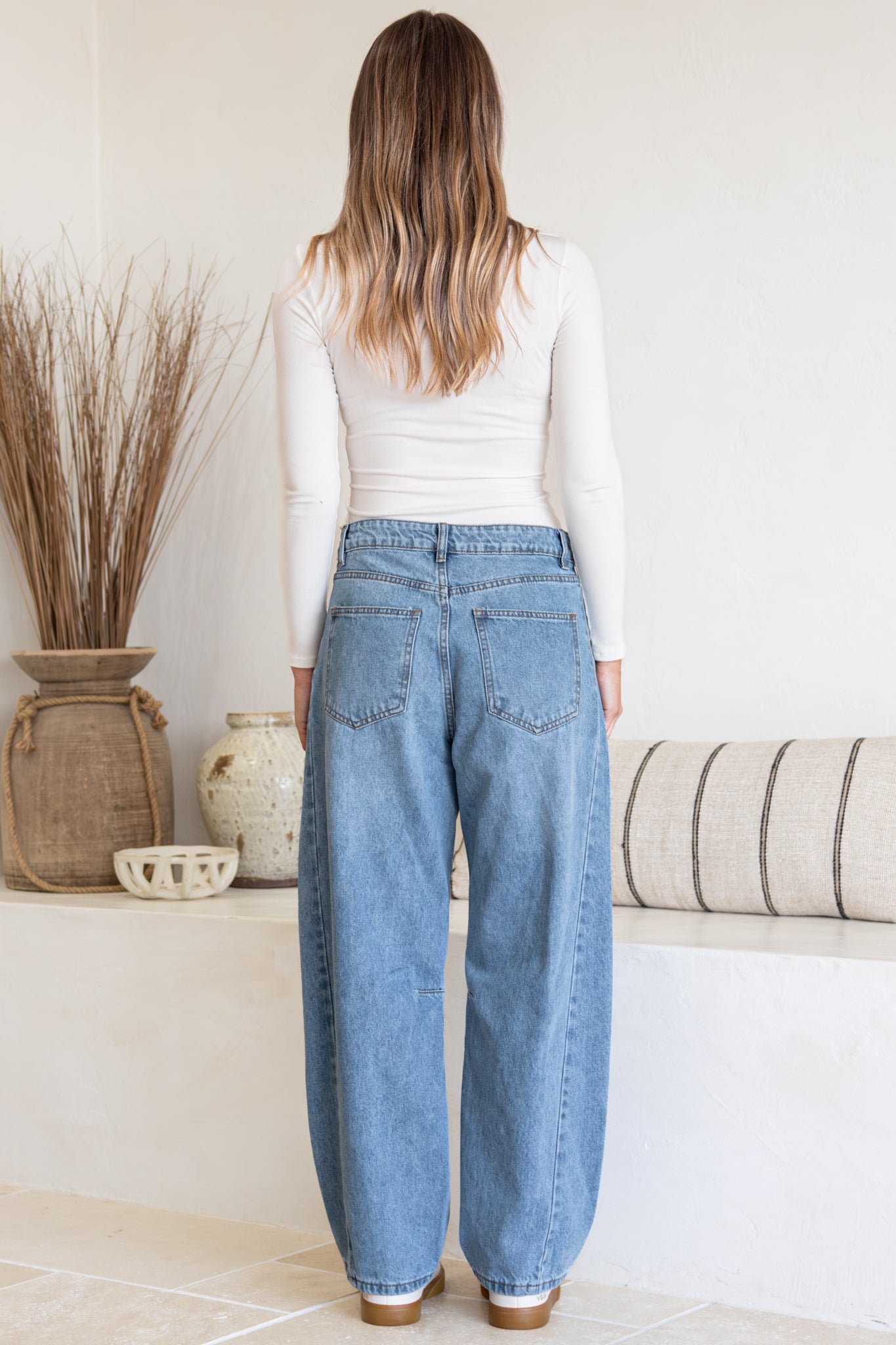 Antoni Barrel Jeans - Mid Rise Whisker Stripe Jeans in Light Denim Wash