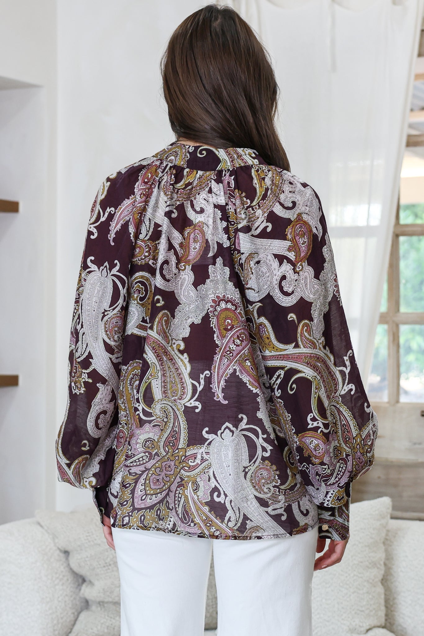 Ashbury Blouse - Mandarin Collar Button Down with Buttoned Cuff Sleeves in Woodstock Print