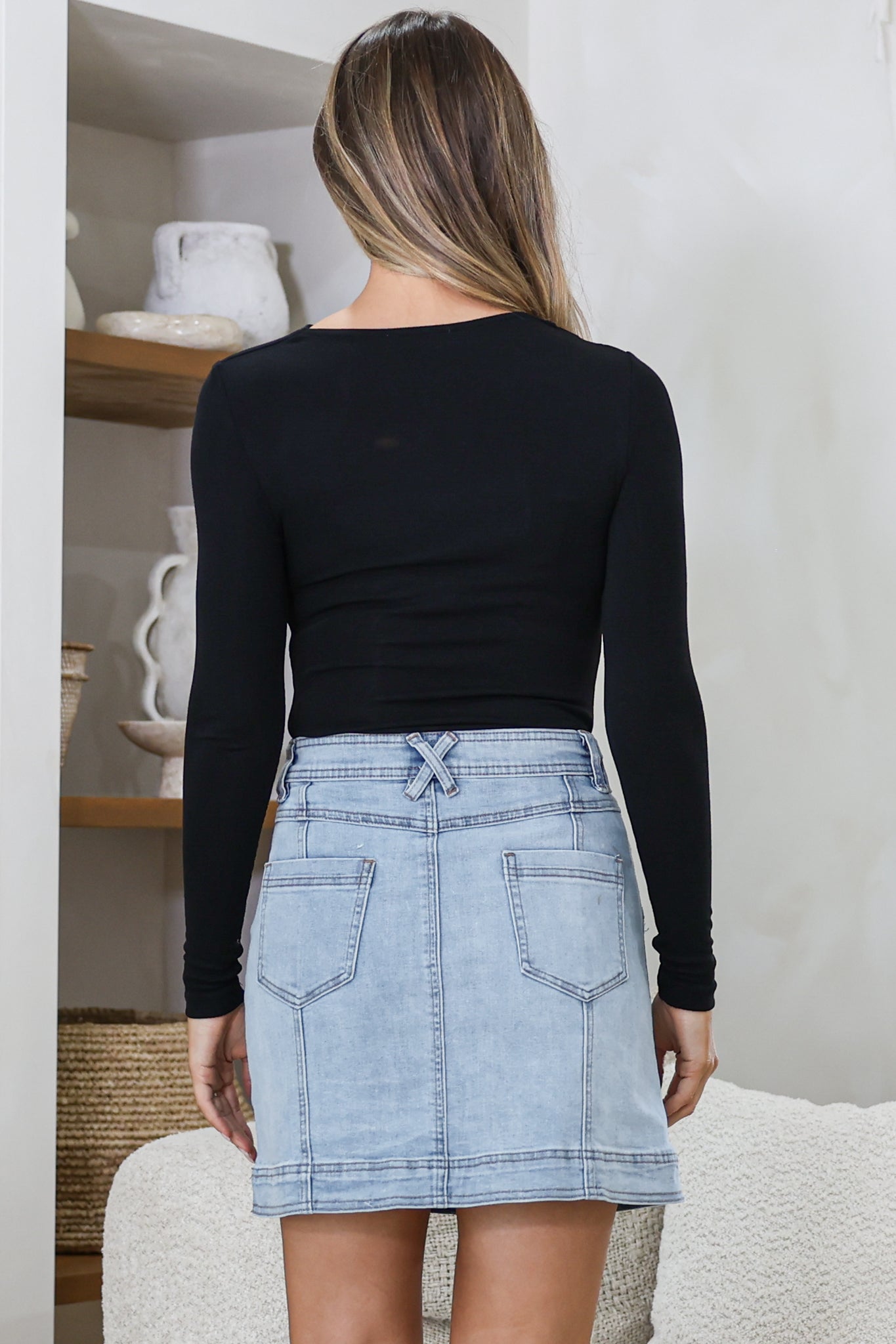 Astin Denim Mini Skirt - High Waisted Contrast Stitched A-Line Skirt in Light Denim