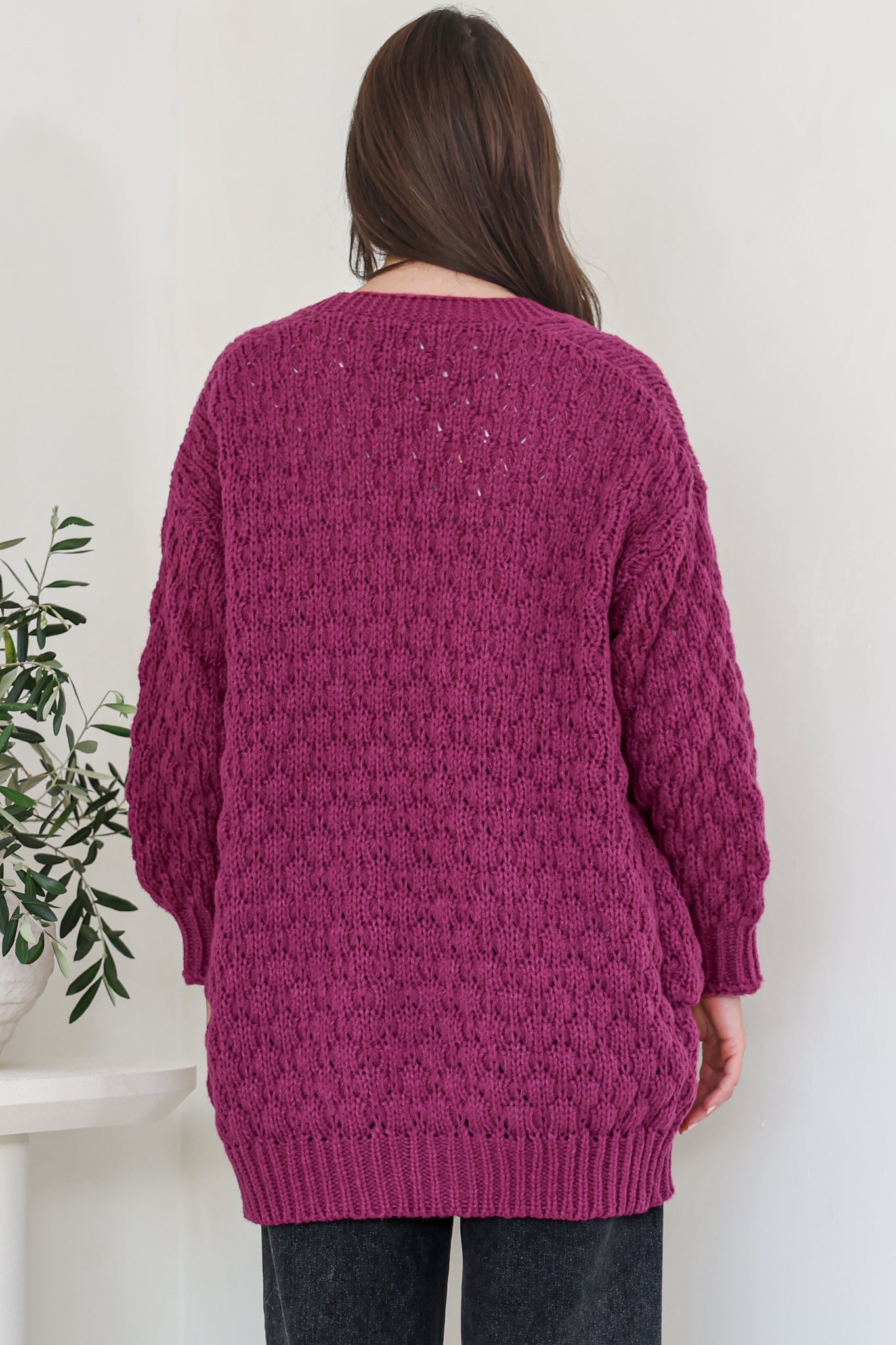 Attlee Cardigan - Chunky Open Cable Knit with Pockets and Rib Knit Trim in Grape