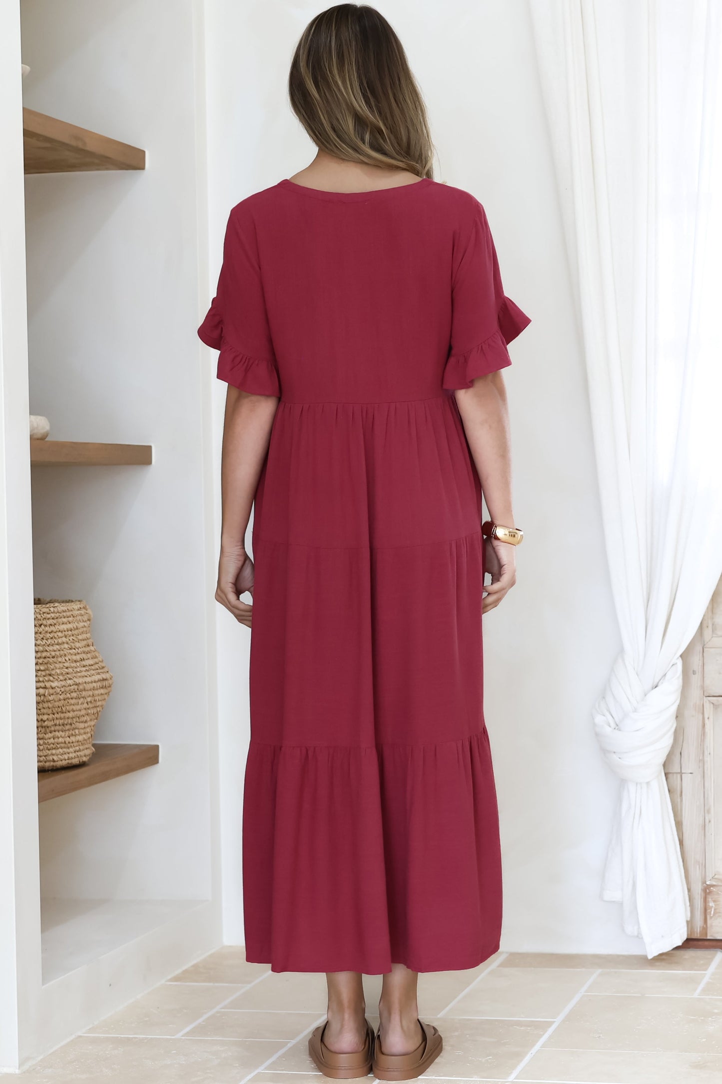 Audrina Midi Dress - V-Neck Tiered Linen Dress with Pockets in Burgundy