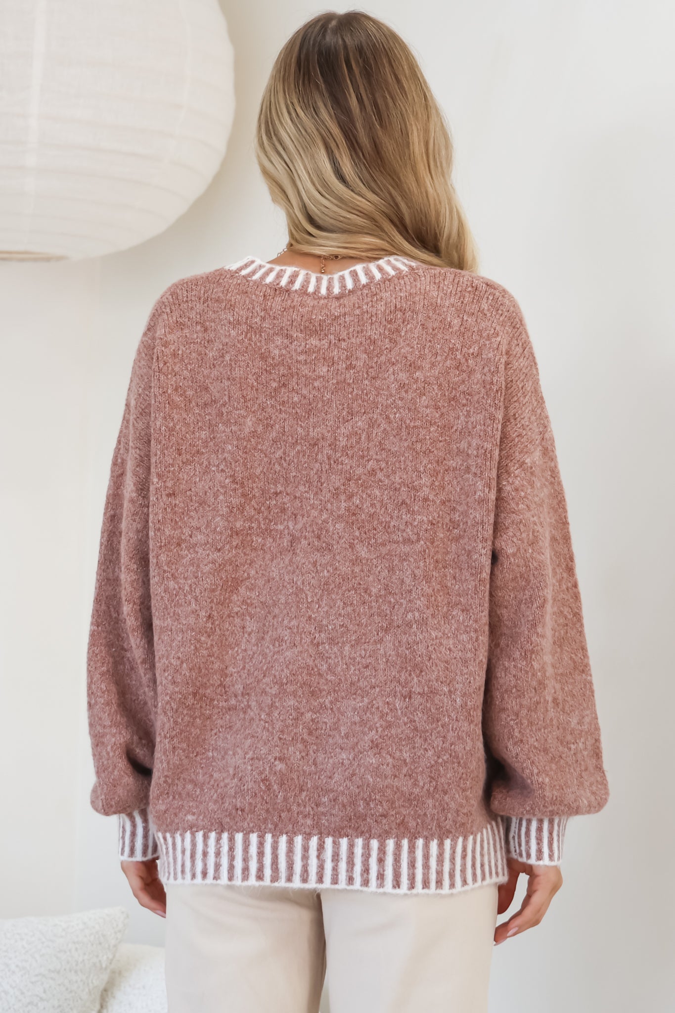 Aura Jumper - Crew Neck Jumper with Contrast Stripe Trim in Cinnamon