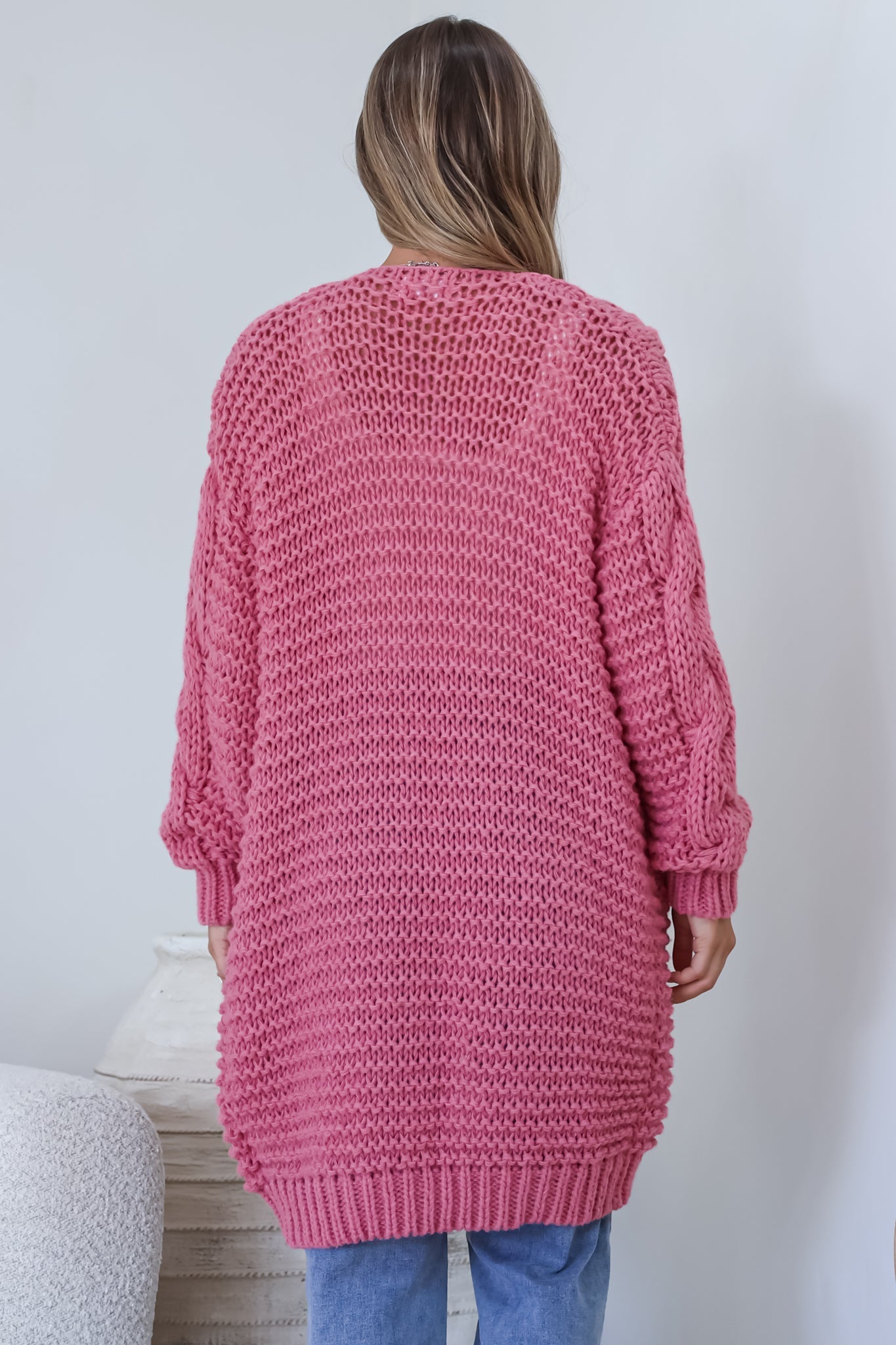 Beckett Cardigan - Open Front Chunky Cable Knit with Pockets in Pink