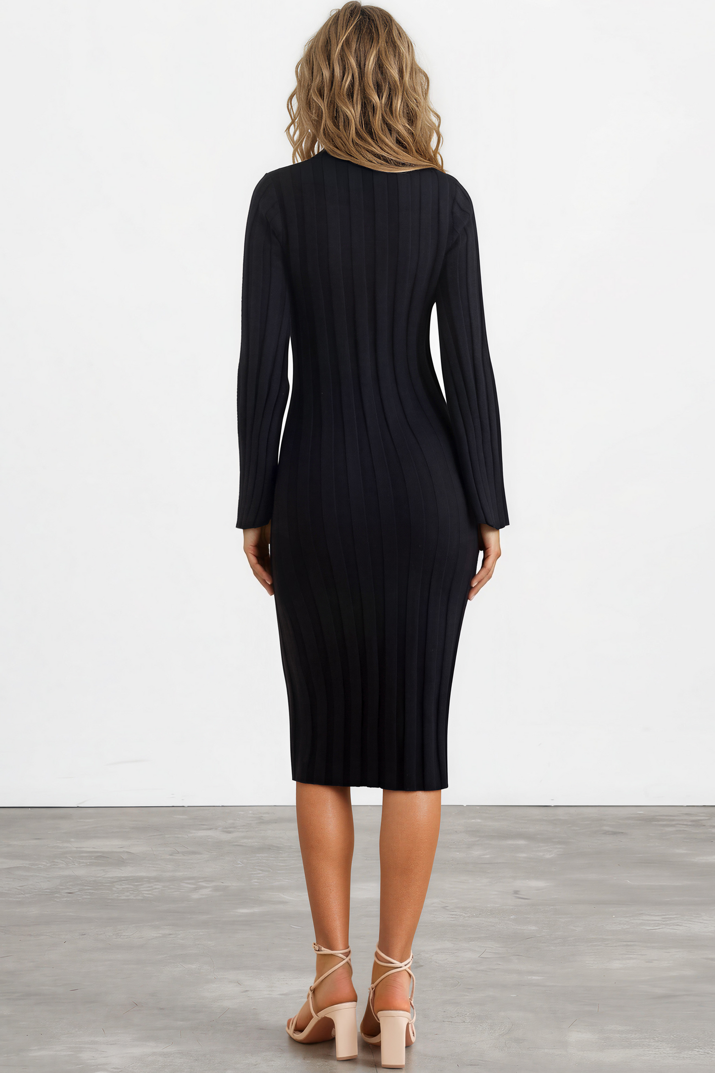 Beckett Midi Dress - Mockneck Ribbed Knit Dress in Black