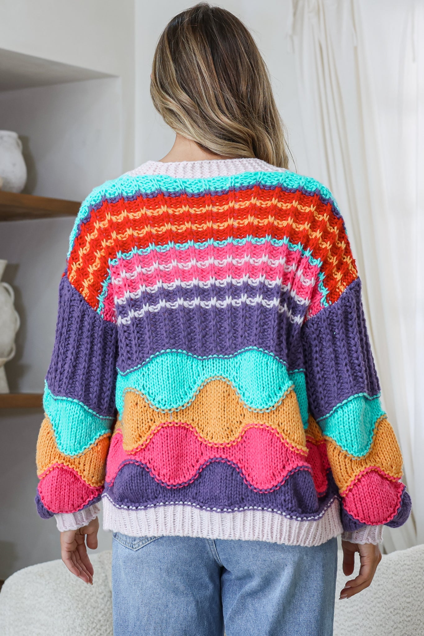 Bellamy Cardigan - Button Front V Neck Multicoloured Stripe Knit in Pink