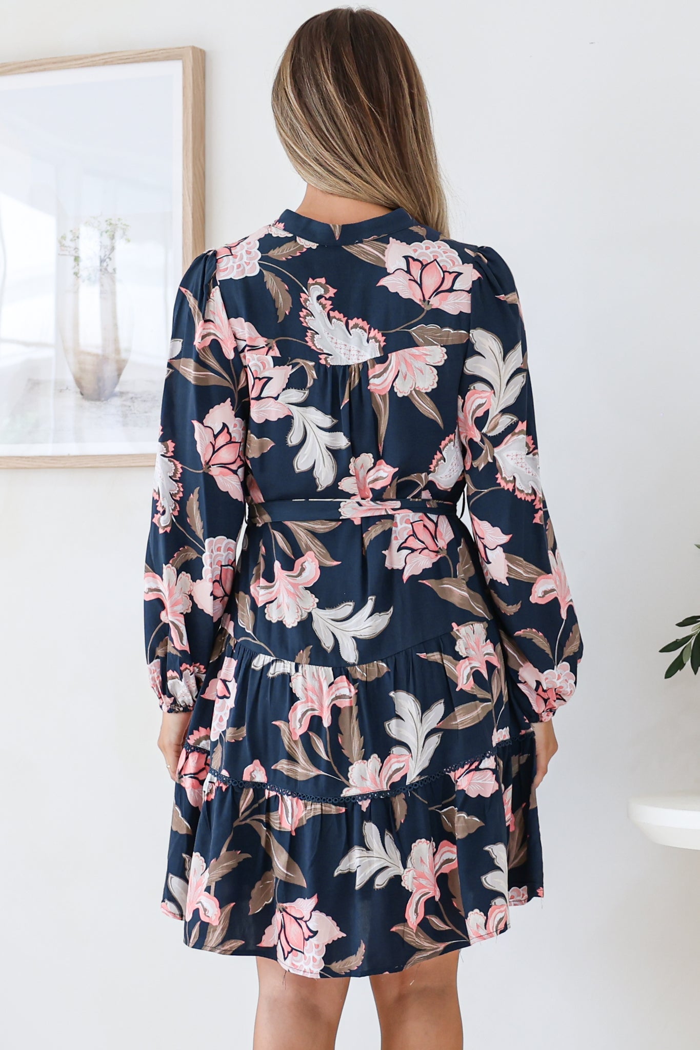Bonham Mini Dress - Mandarin Collar Button Down Tiered Dress with Lace Trims in Brighton Print