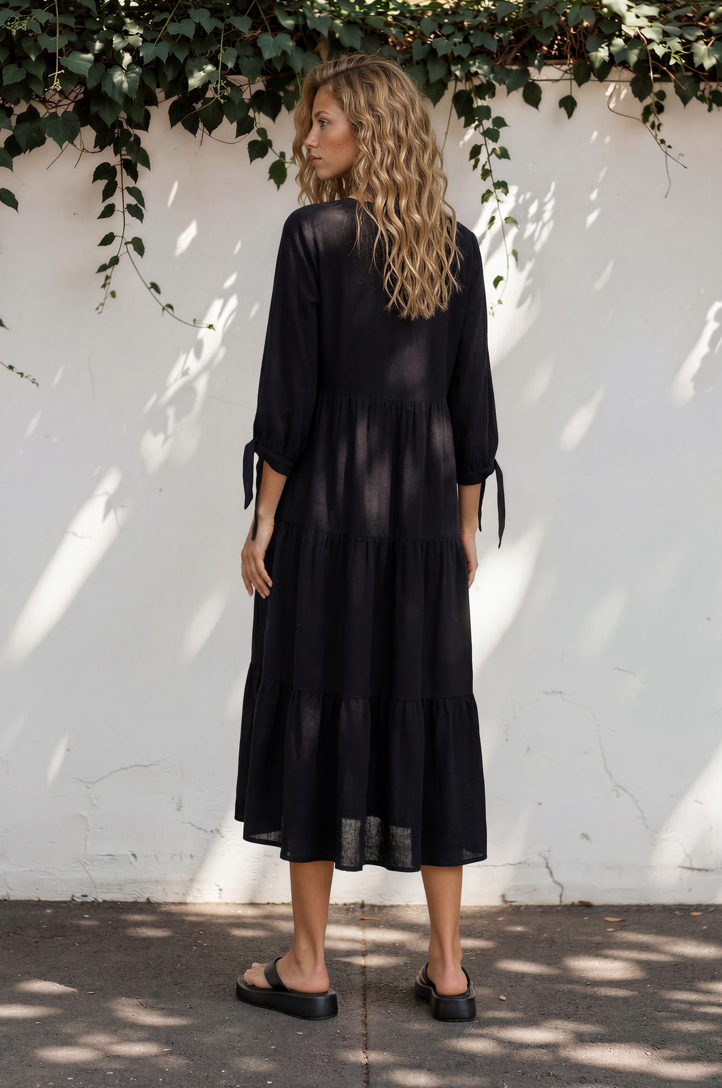 Elisabette Midi Dress - V-Neck Tiered Linen Dress with 3/4 Tie Cuff Sleeves in Black