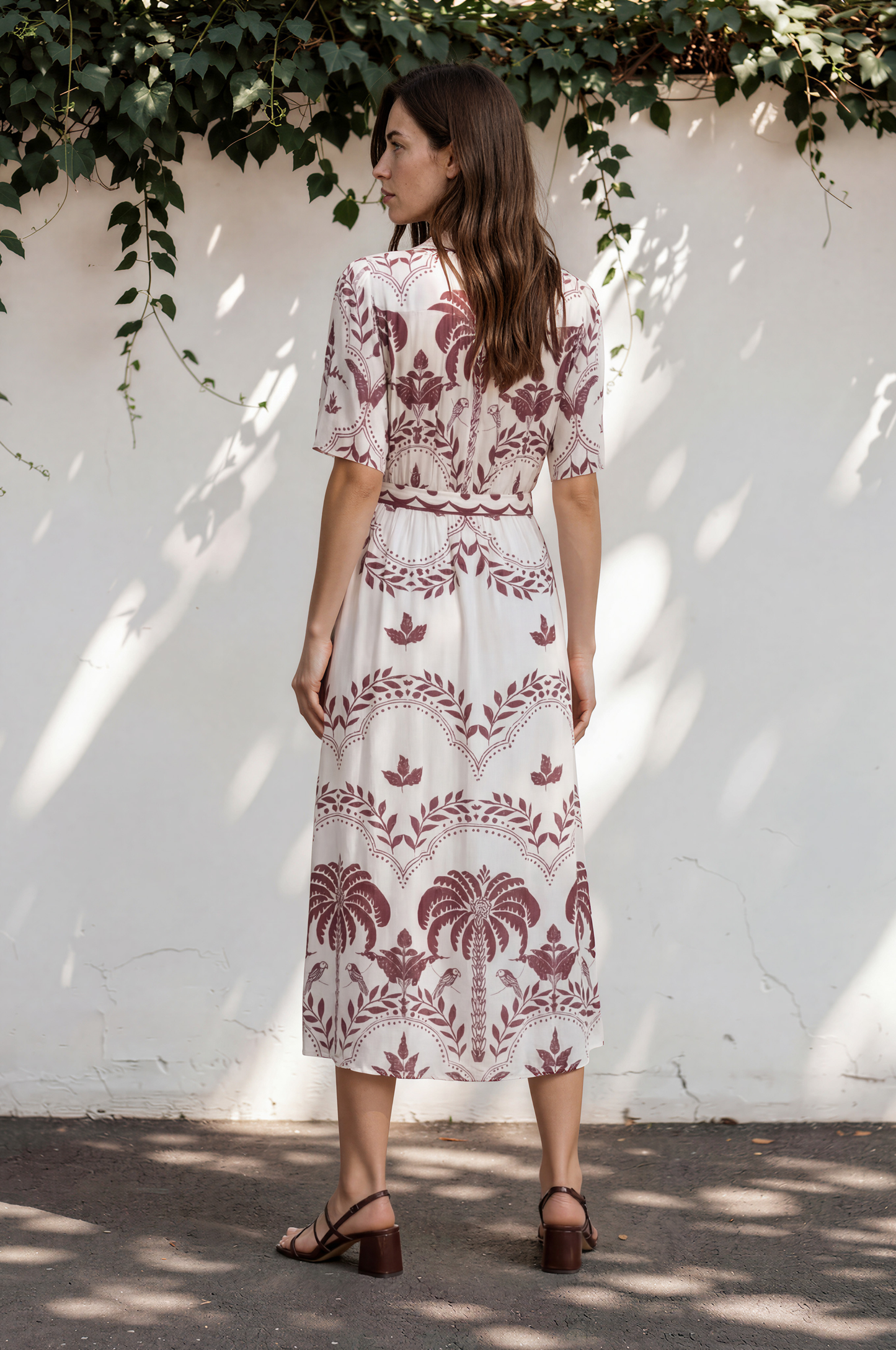 Kaitlyn Midi Dress - V-Neckline Dress with Short Flutter Sleeves in Maisy Print Wine