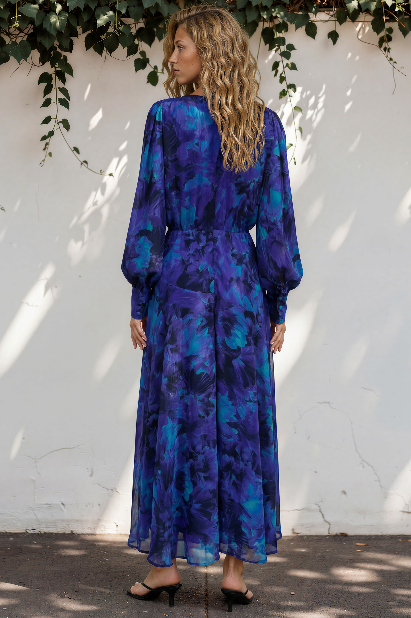 Azura Maxi Dress - V-Neckline Dress with Long Shirred Sleeves in Bluebell Print