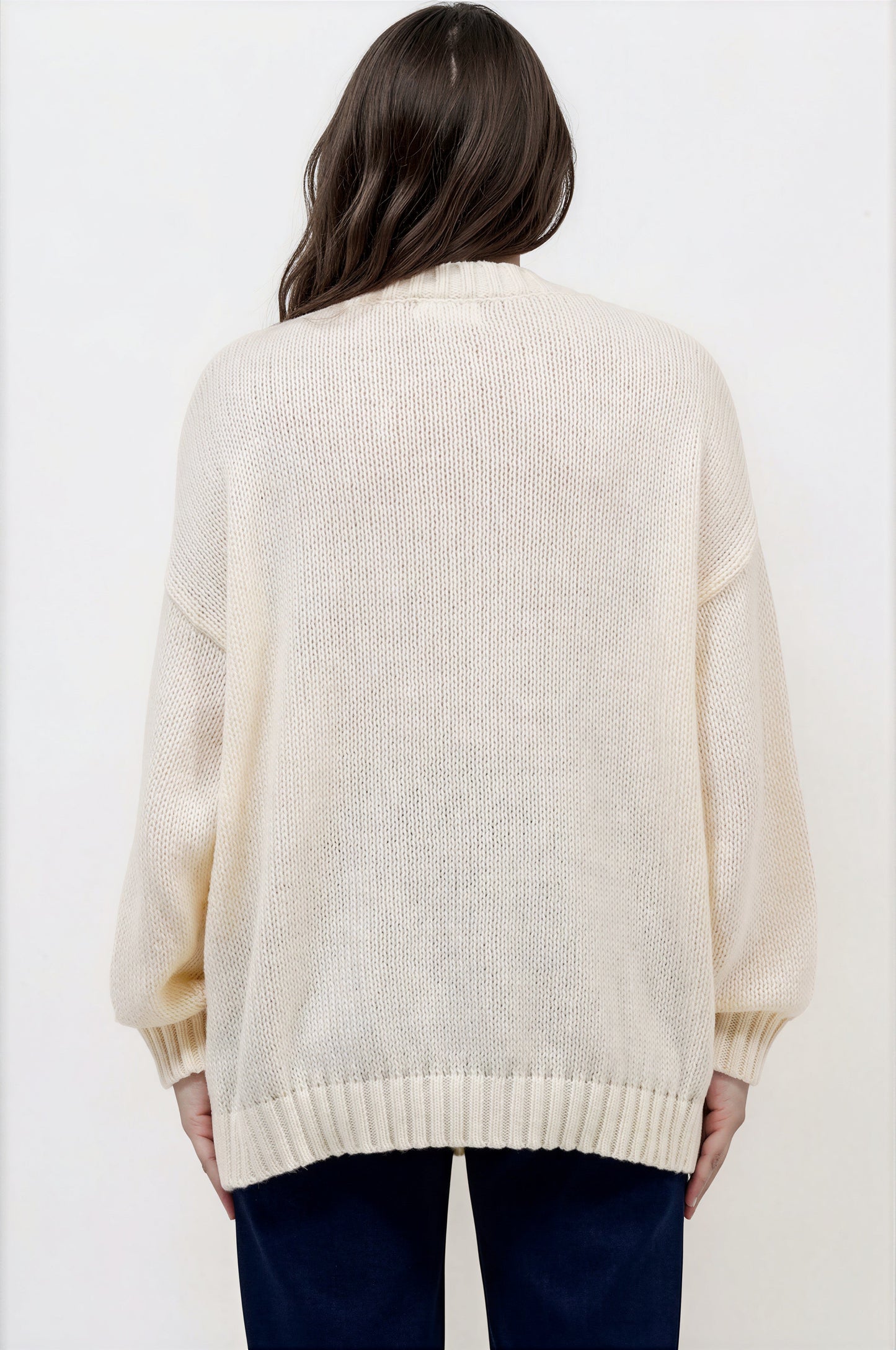 Caesar Jumper - Crew Neck Long Knit with Pocket and Ribbed Hemlines in Beige