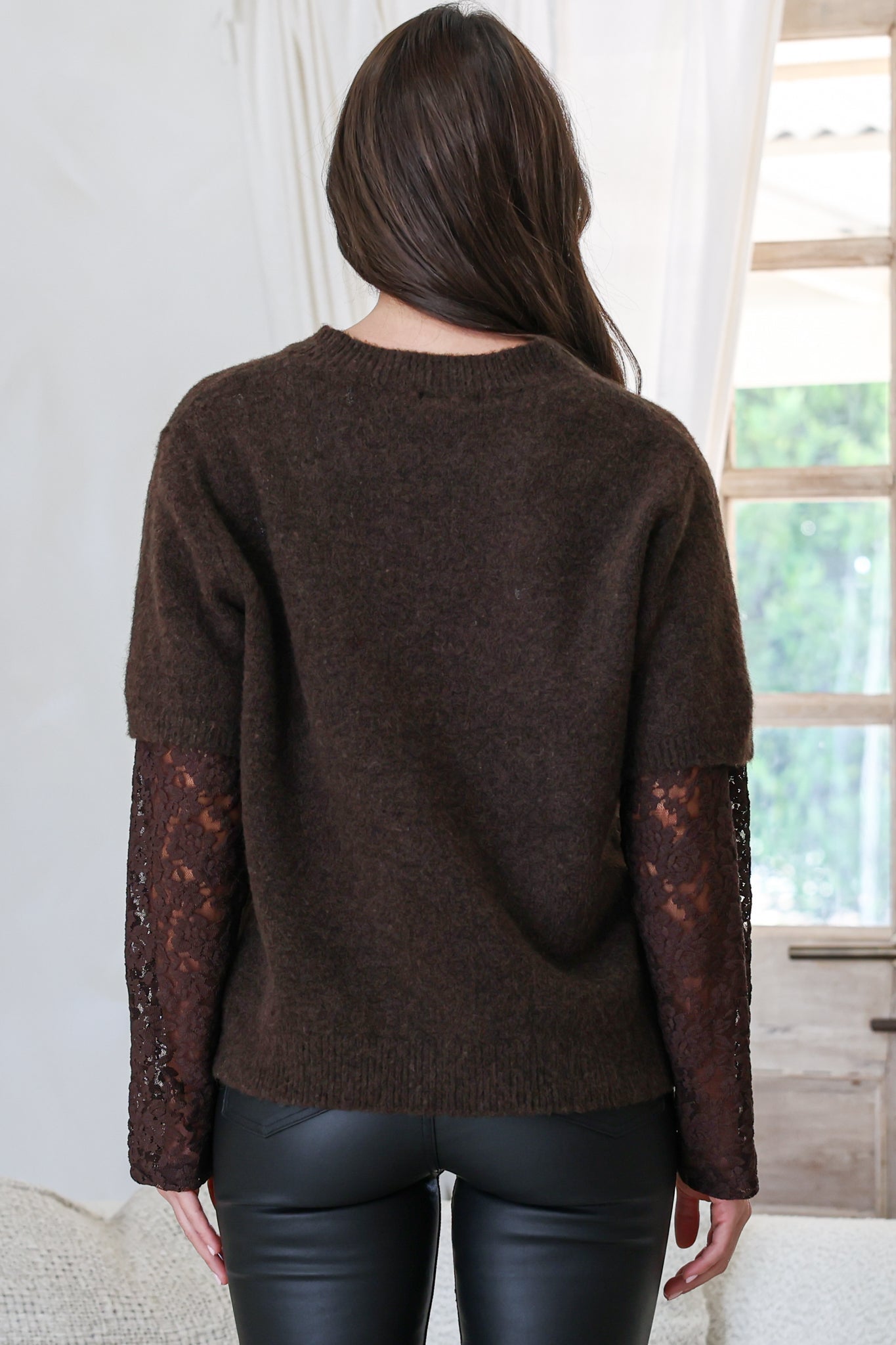 Calloway Knit Top - Crew Neck Knit with Lace Sleeve Inserts in Chocolate