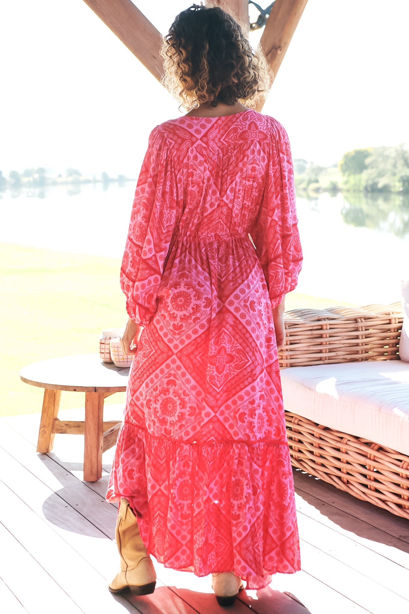 JAASE - Catalonia Maxi Dress: Batwing Sleeve Button Down Smock Dress in Amore Print