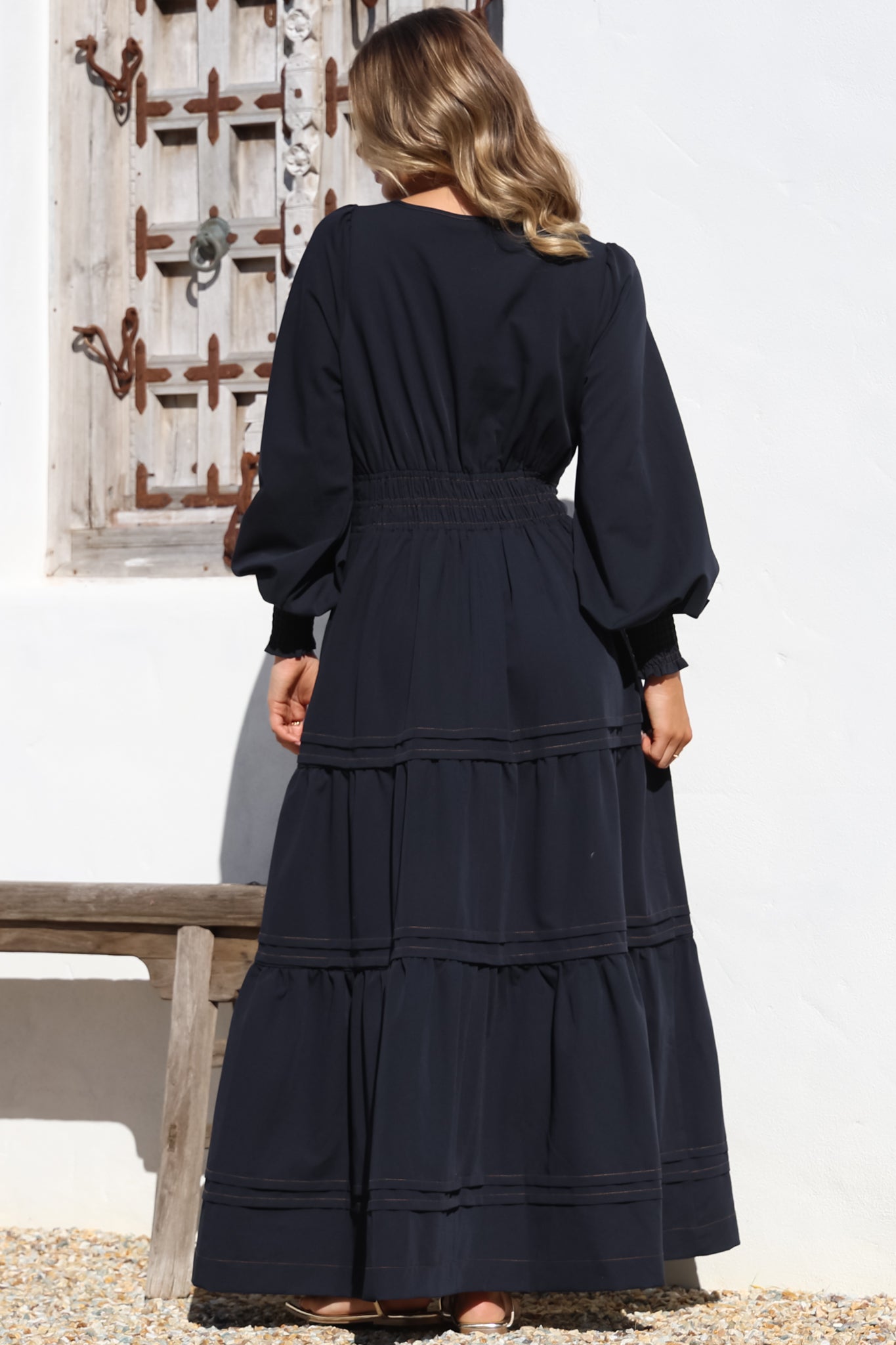 Dara Maxi Dress - Mandarin Collar Tiered Dress with Pockets in Navy