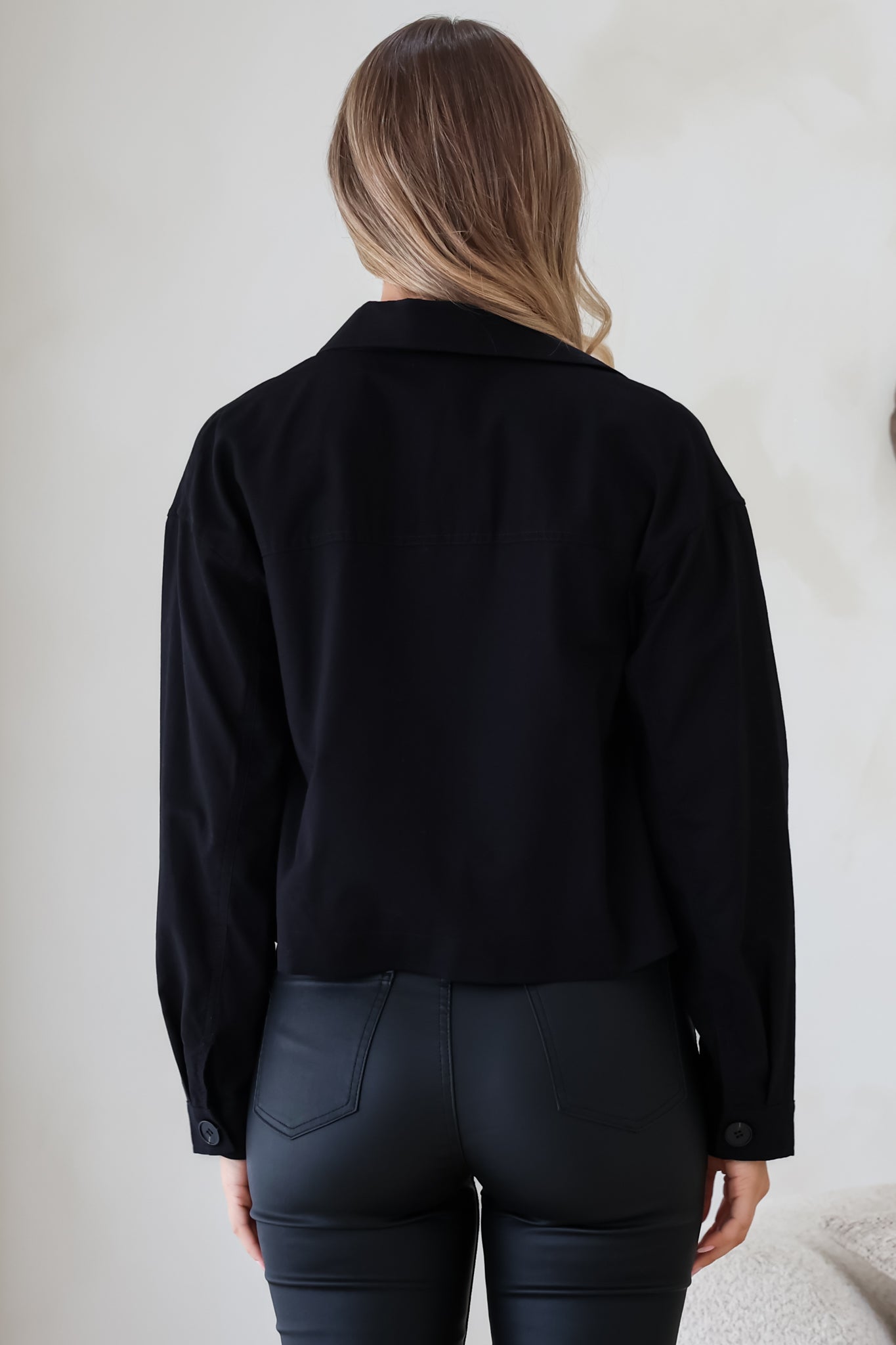 Elma Jacket - Wing Collar Button Down Cropped Jacket in Black