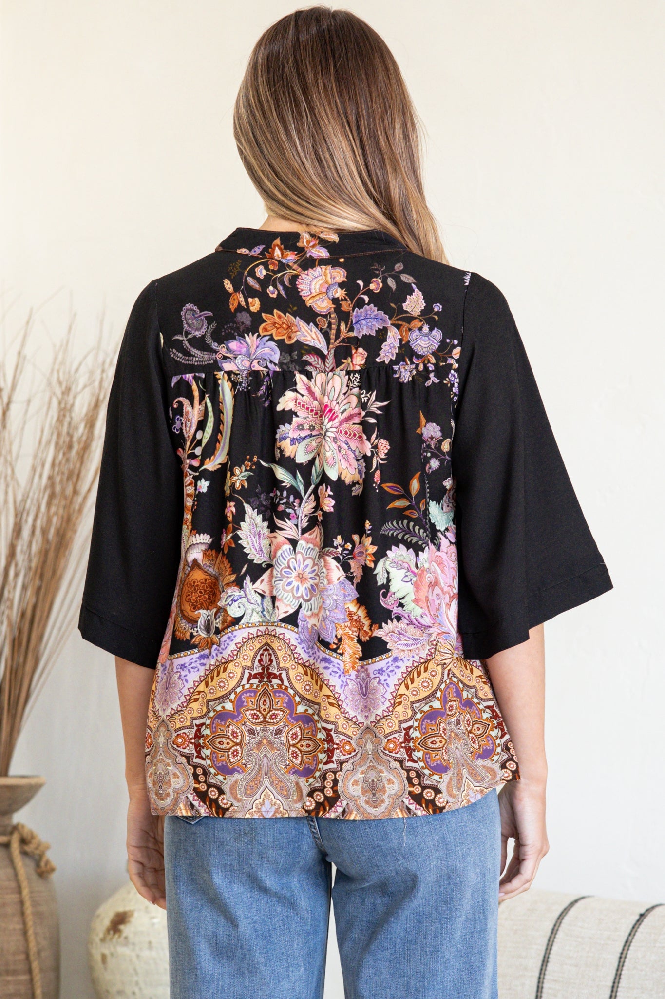 Elysia Blouse - Deep V Neck Button Down 3/4 Sleeve Top in Zaria Print