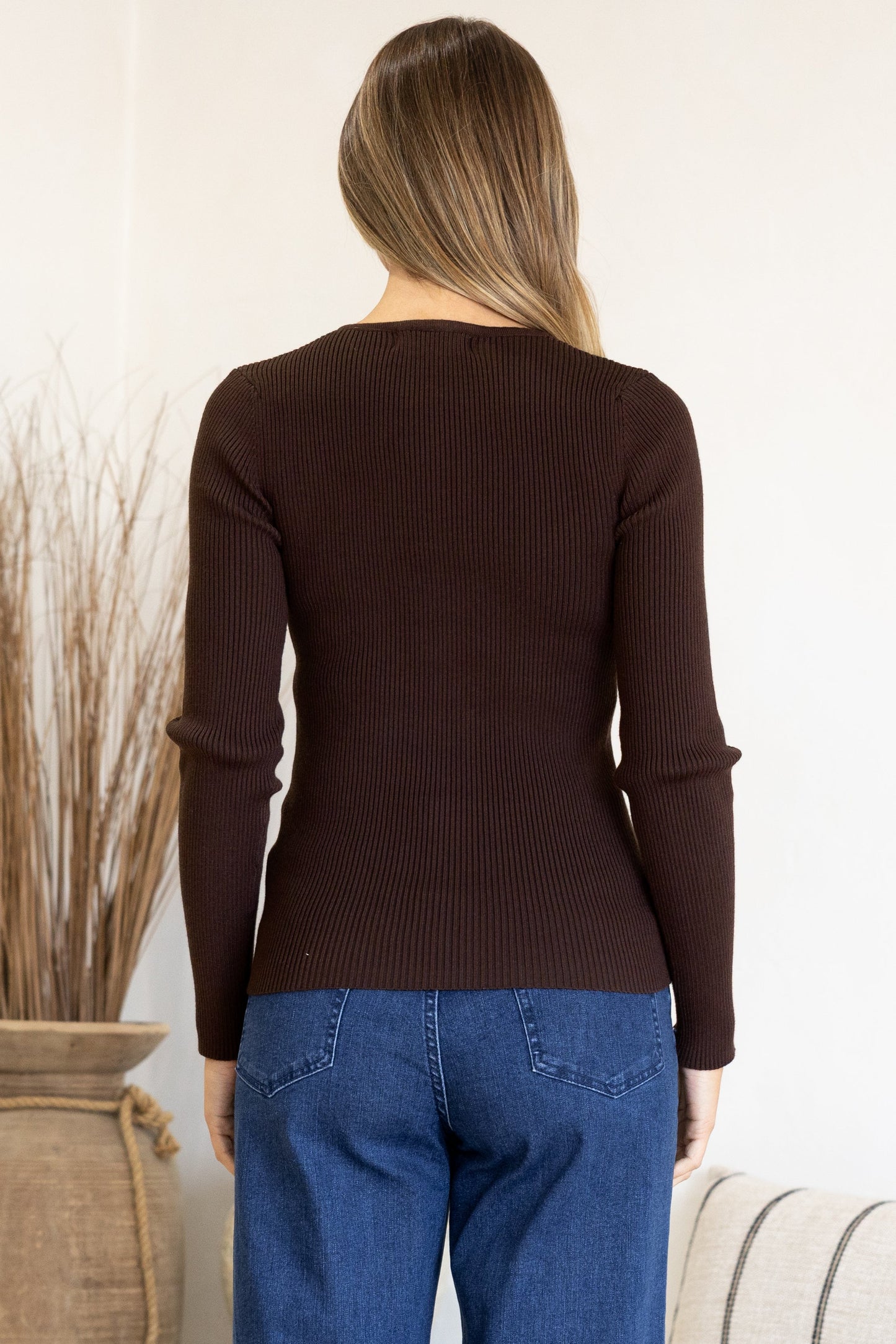 Emilia Knit Top - Gold Button Neckline Ribbed Top in Chocolate
