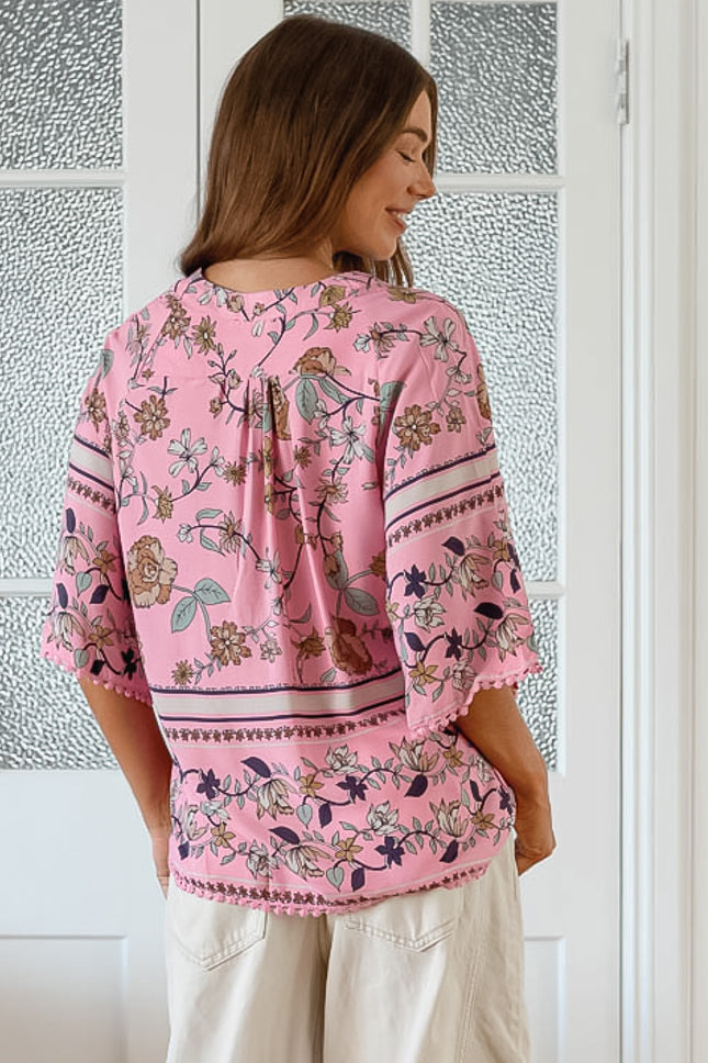 JAASE - Gabriella Top: Mandarin Collar Deep V Neck Crochet Trim Top in Elara Print