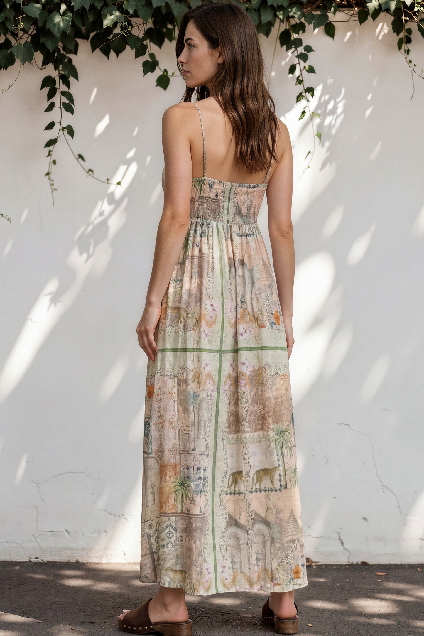 Gretal Maxi Dress - Sqaure Neck A-Line Dress with Adjustable Spaghetti Straps in Tempest Print