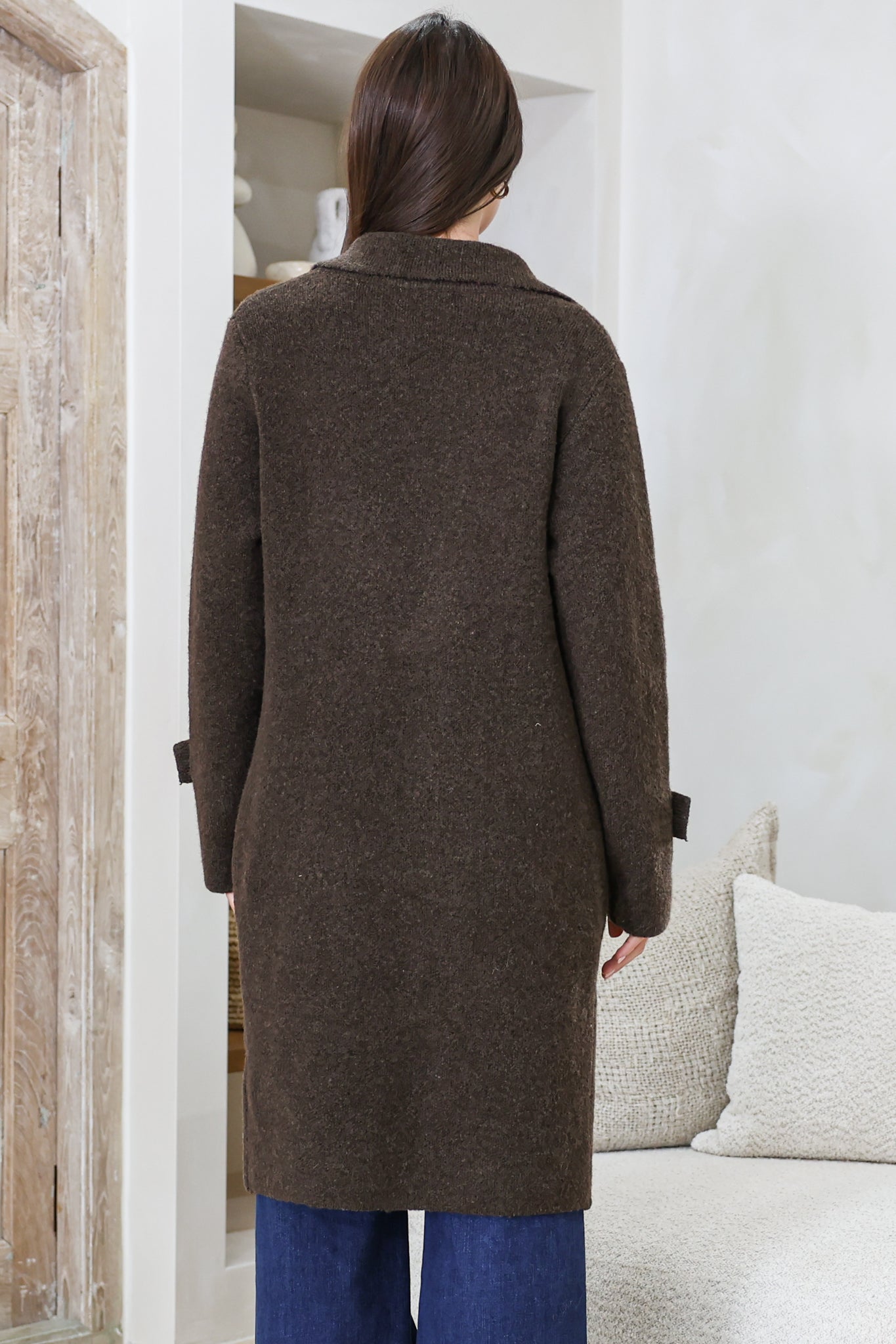 Griffin Cardigan - Collared Button Closure Coatigan with Pockets in Chocolate