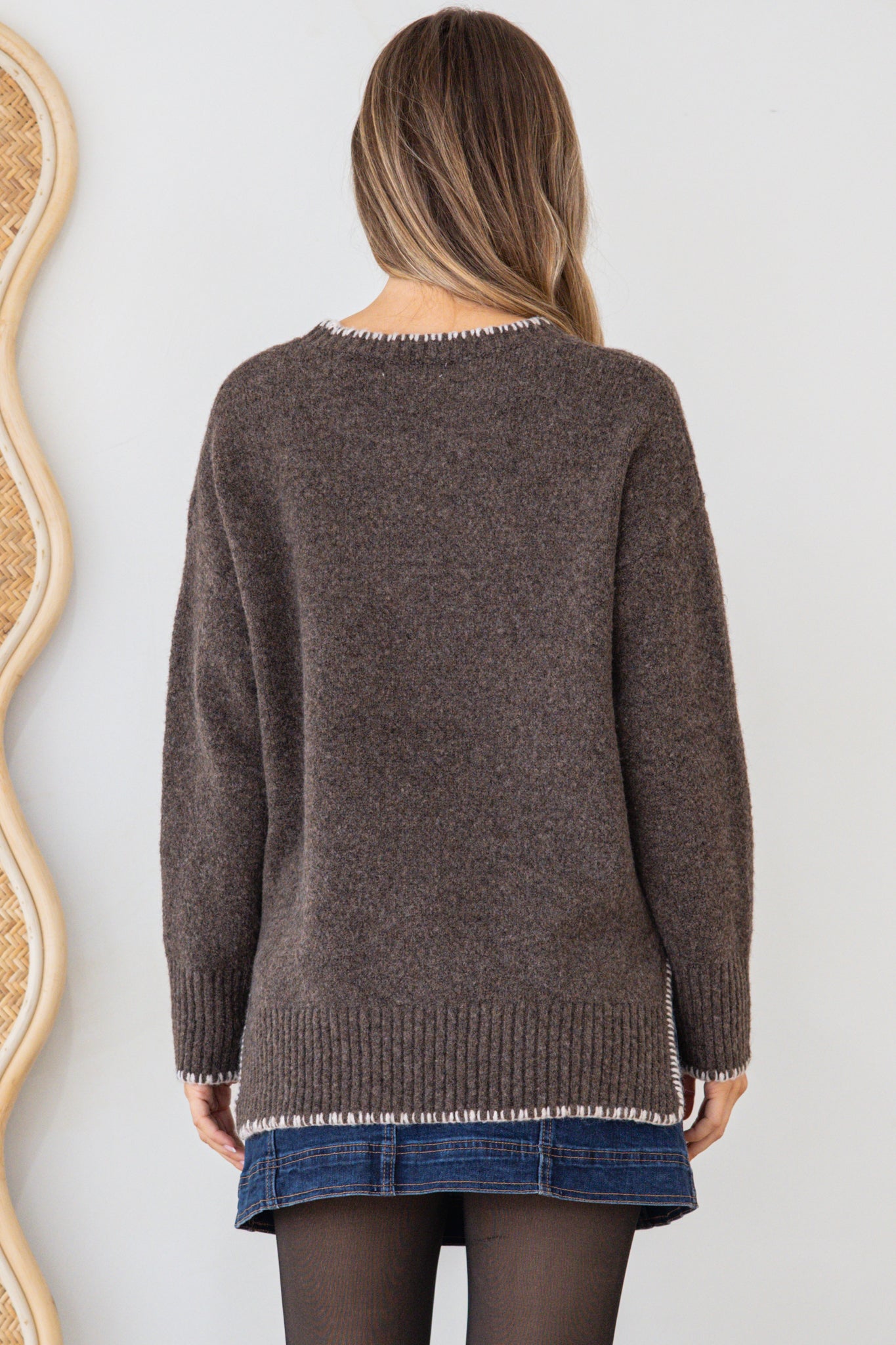 Halo Jumper - Crew Neck Cable Detailed Step Hem Knit with Contrast Hemlines in Dark Brown