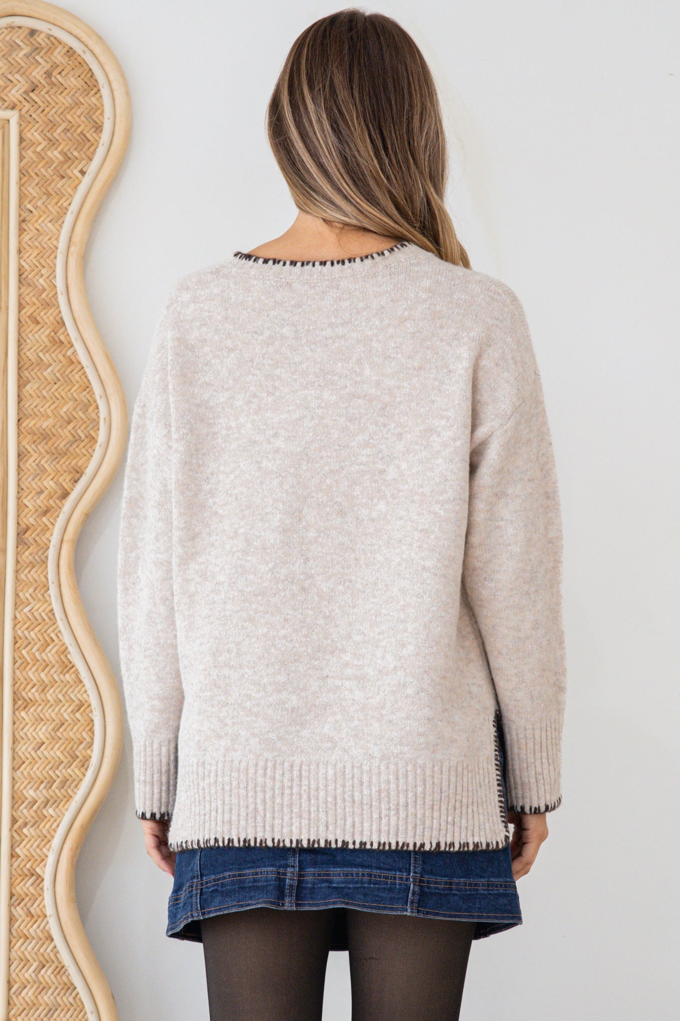 Halo Jumper - Crew Neck Cable Detailed Step Hem Knit with Contrast Hemlines in Latte