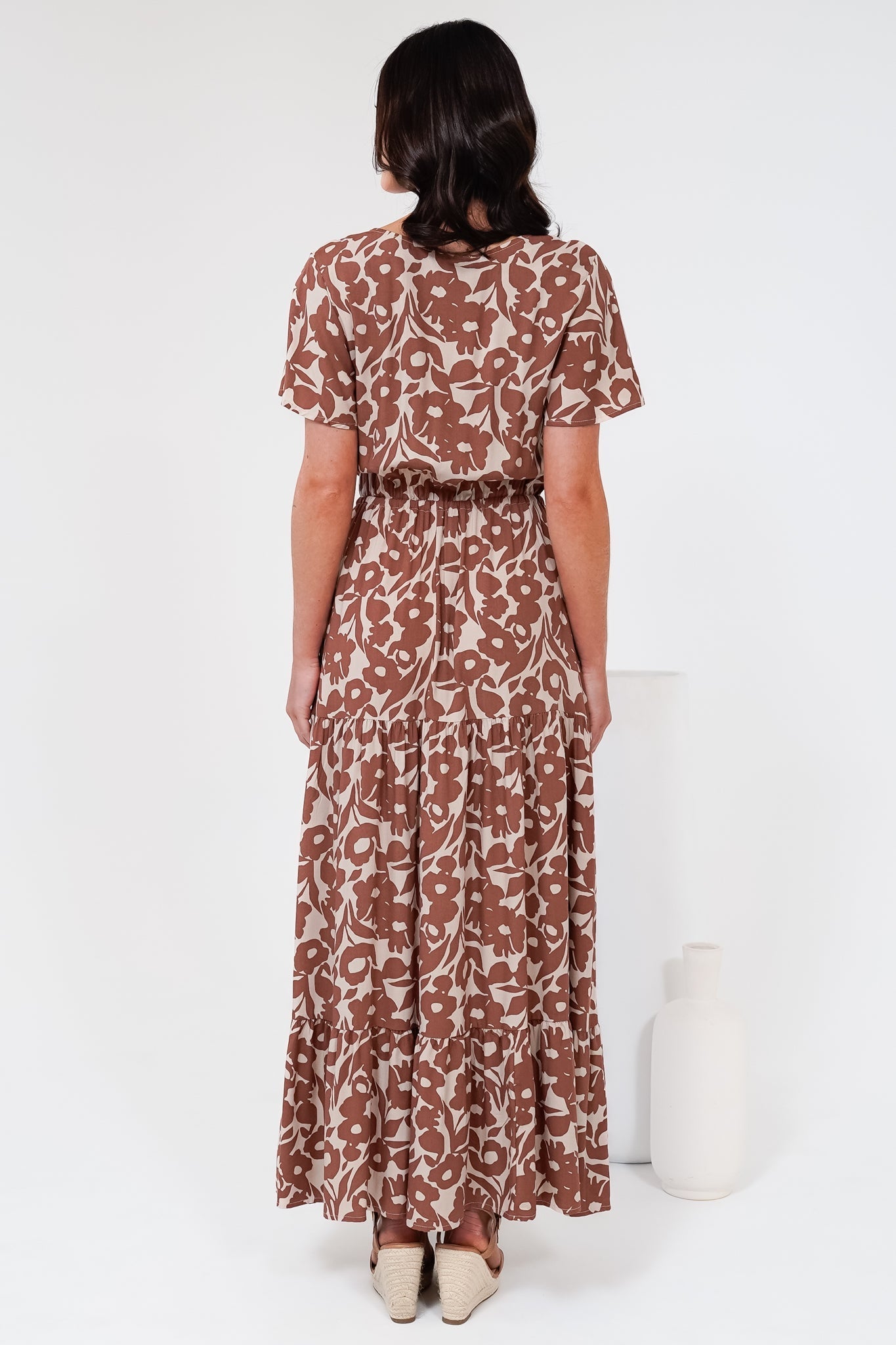 Hanna Maxi Dress - Cap Sleeve Tiered A Line Dress with Toggle Detailed Waist Tie in Emma-Jade Print Brown