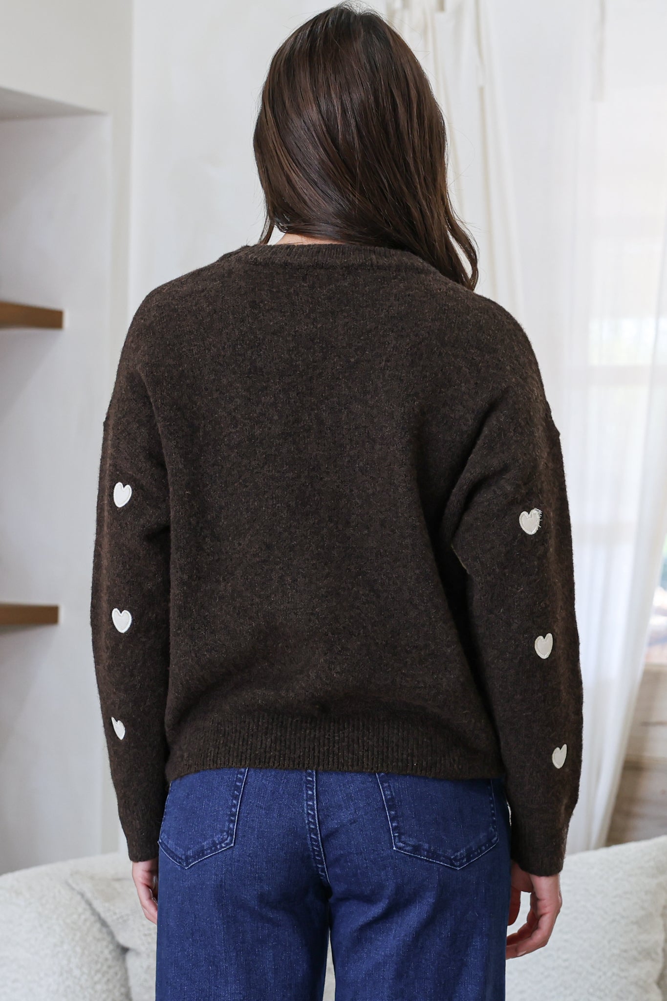 Hartley Jumper - Crew Neck Embroidered Heart Motif Knit in Coffee