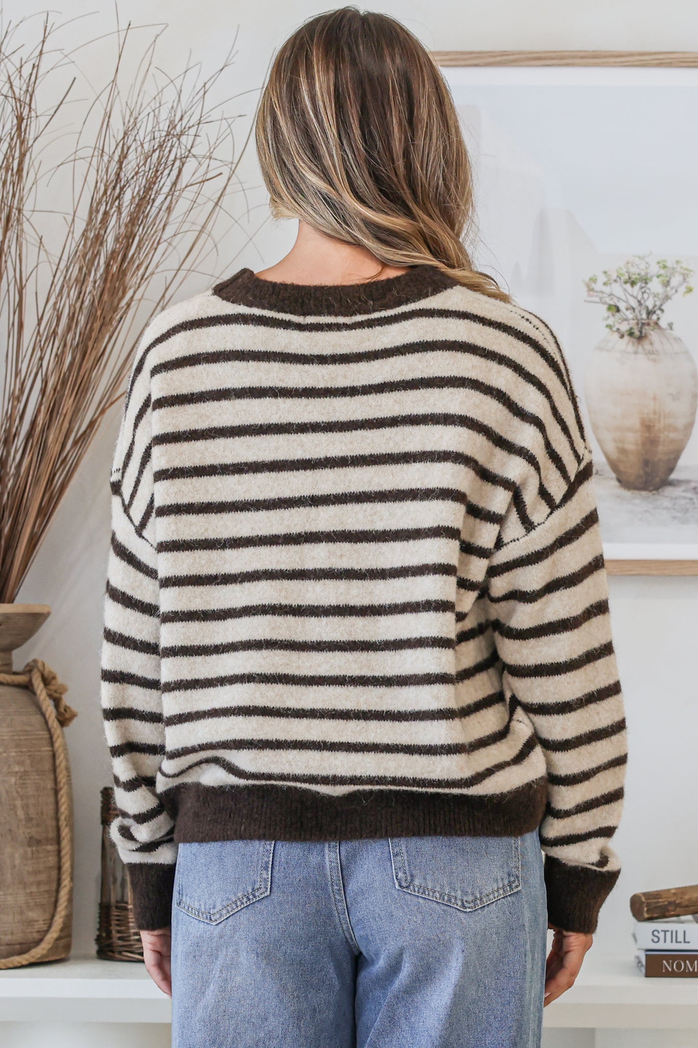 Hershey Jumper - Crew Neck Striped Ribbed Hem Knit in Cream/Chocolate