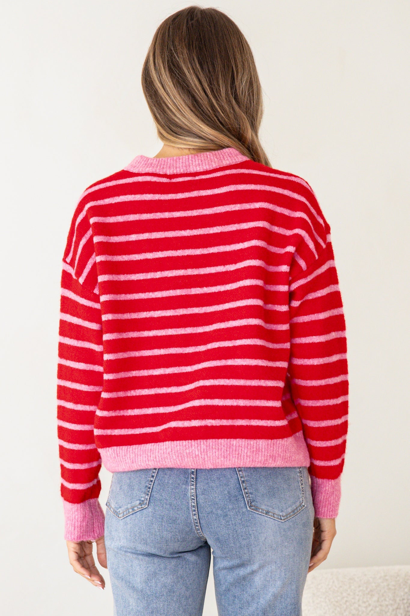 Hershey Jumper - Crew Neck Striped Ribbed Hem Knit in Pink/Red