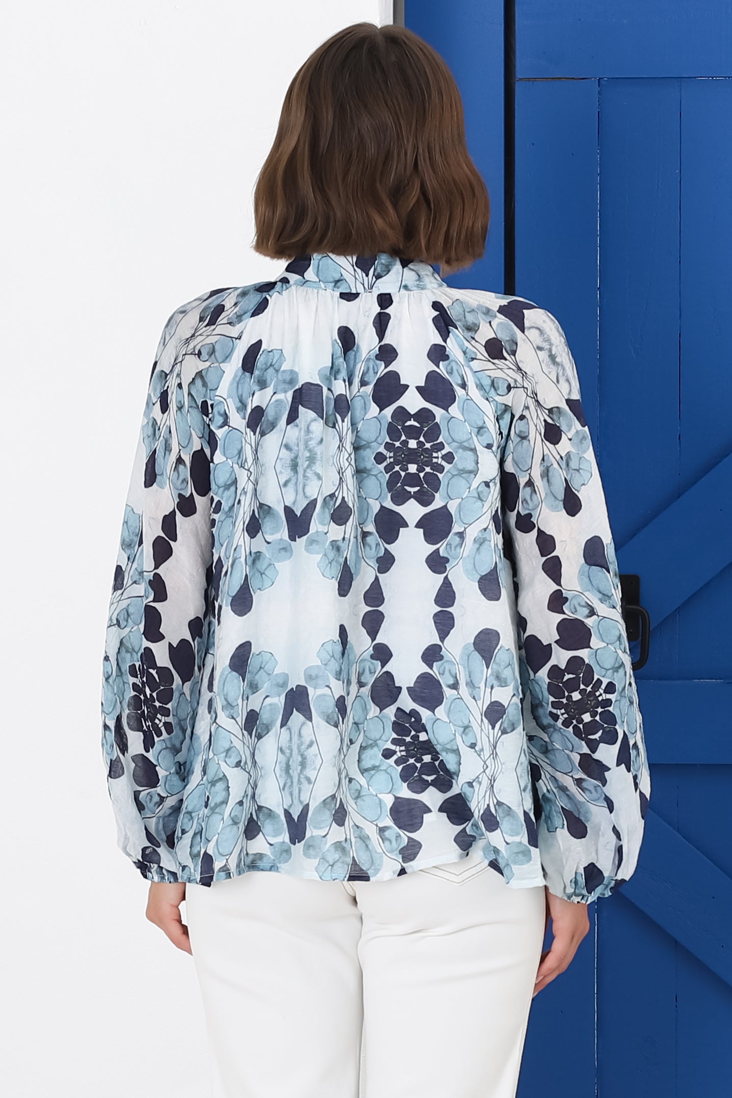 Portia Blouse - Button Down Mandarin Collar Shirt in Calea Print Blue