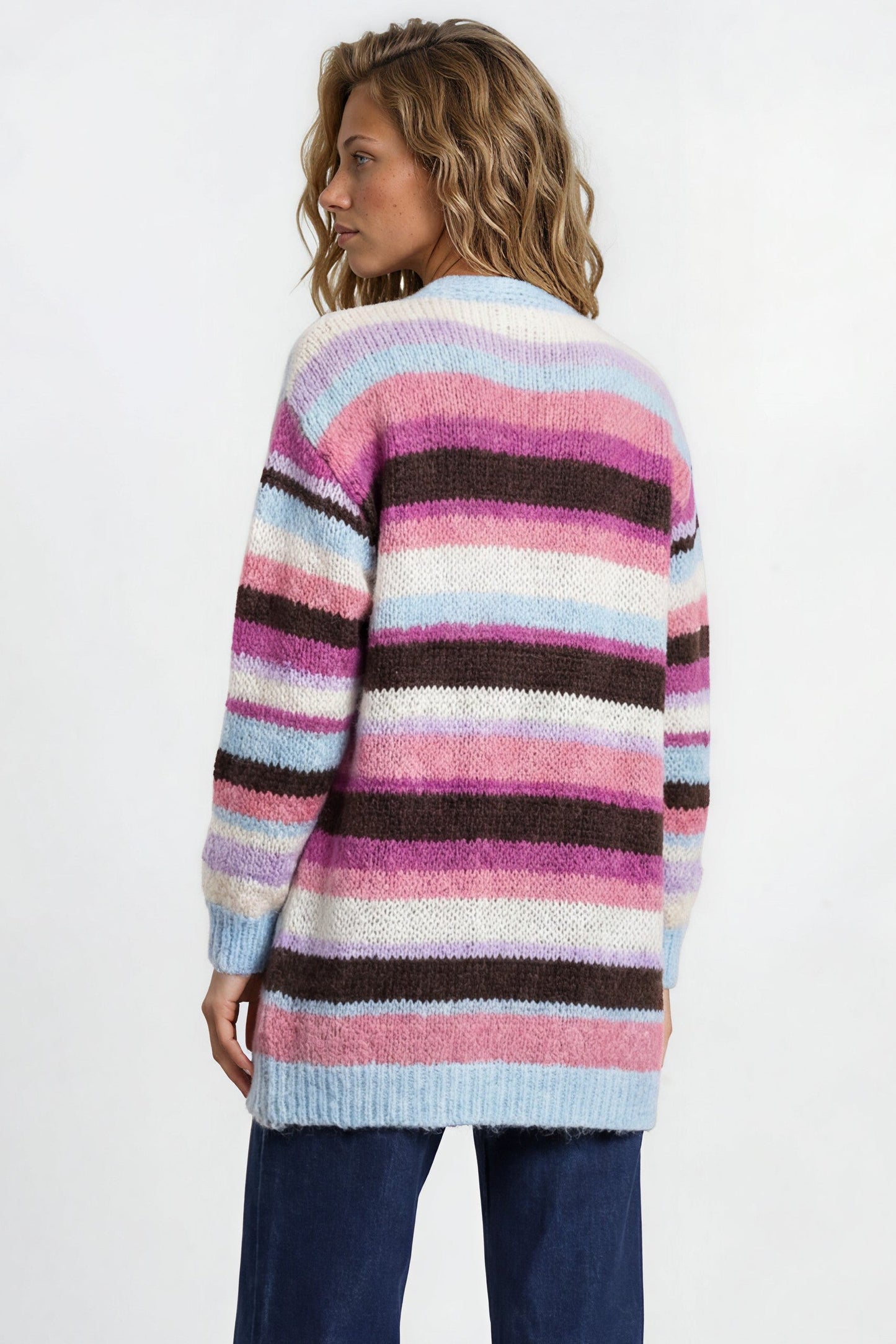 Iggy Cardigan - Open Front Stripe Knit with Pockets in Blue/Purple
