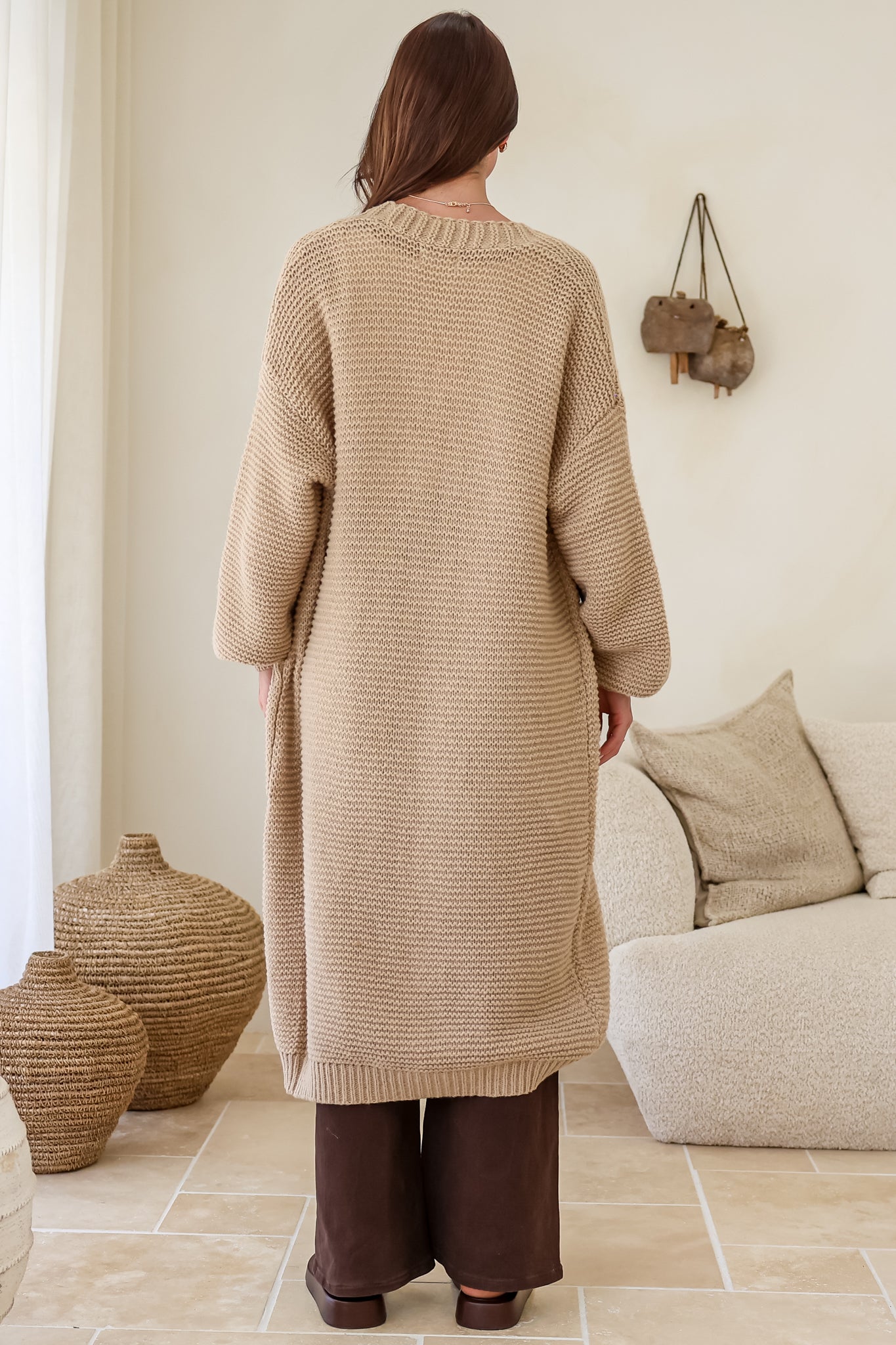 Jacky Cardigan - Ribbed Longline Knit with Balloon Sleeves and Pockets in Beige
