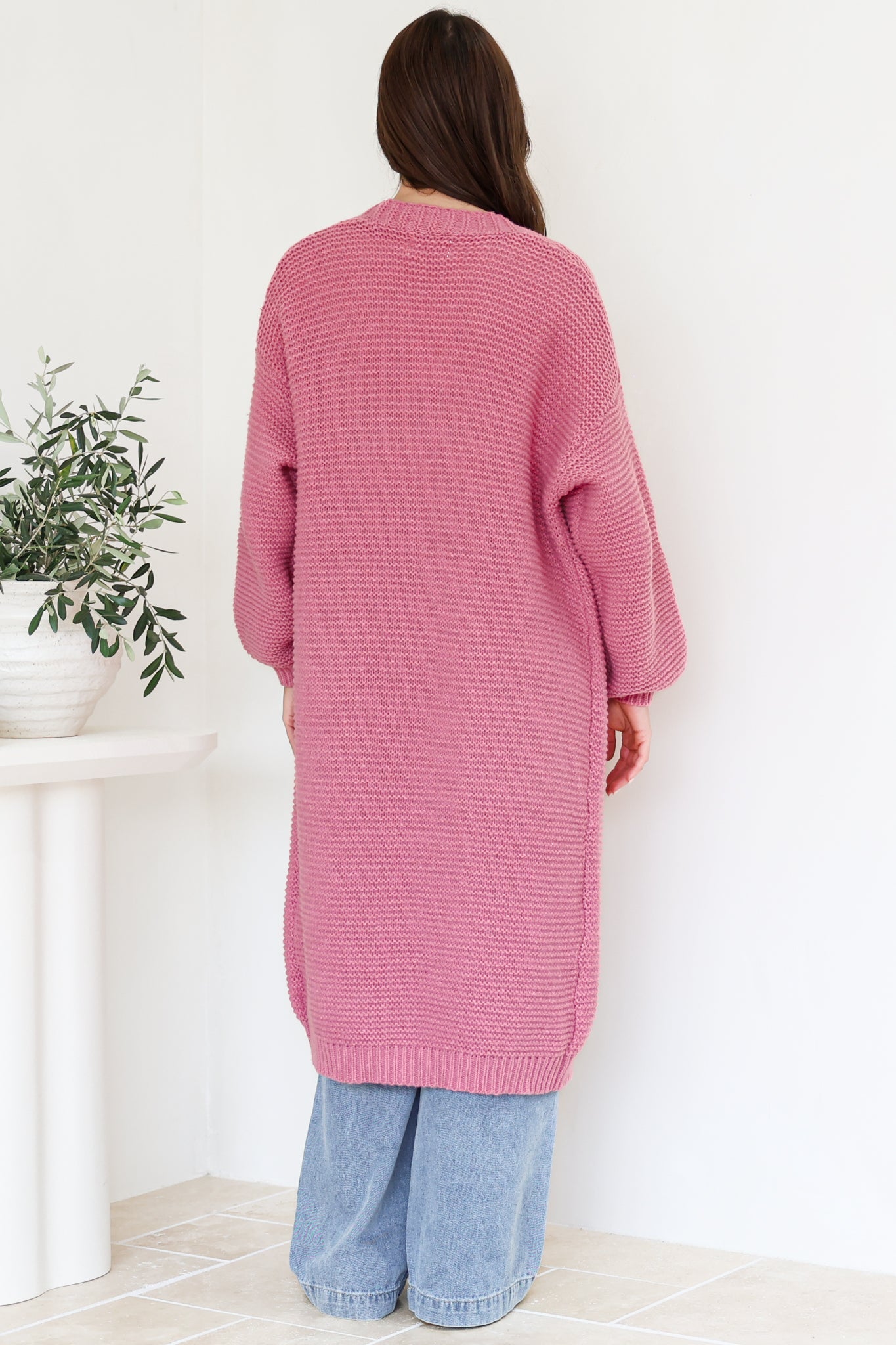 Jacky Cardigan - Ribbed Longline Knit with Balloon Sleeves and Pockets in Pink