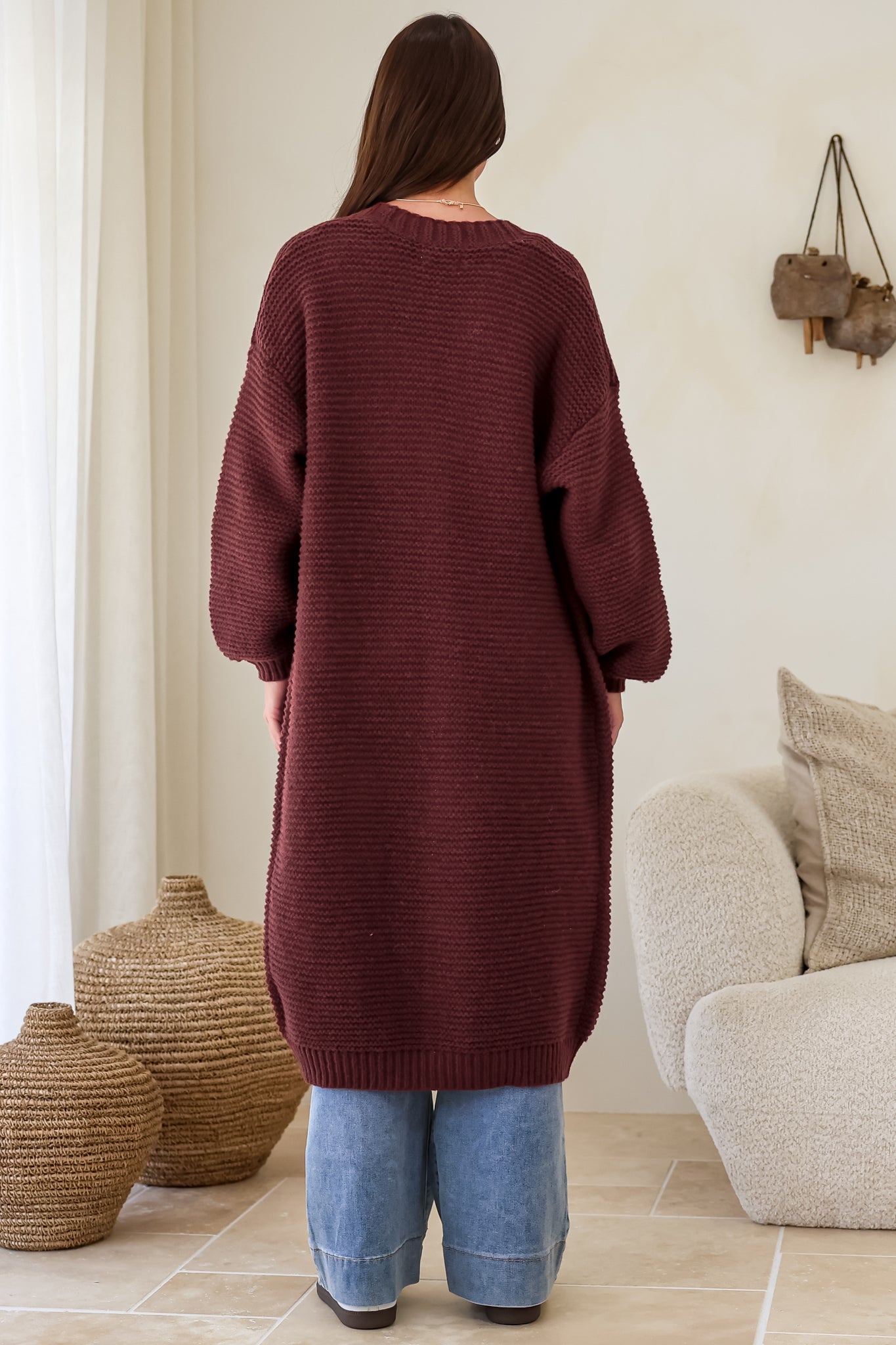 Jacky Cardigan - Ribbed Longline Knit with Balloon Sleeves and Pockets in Wine