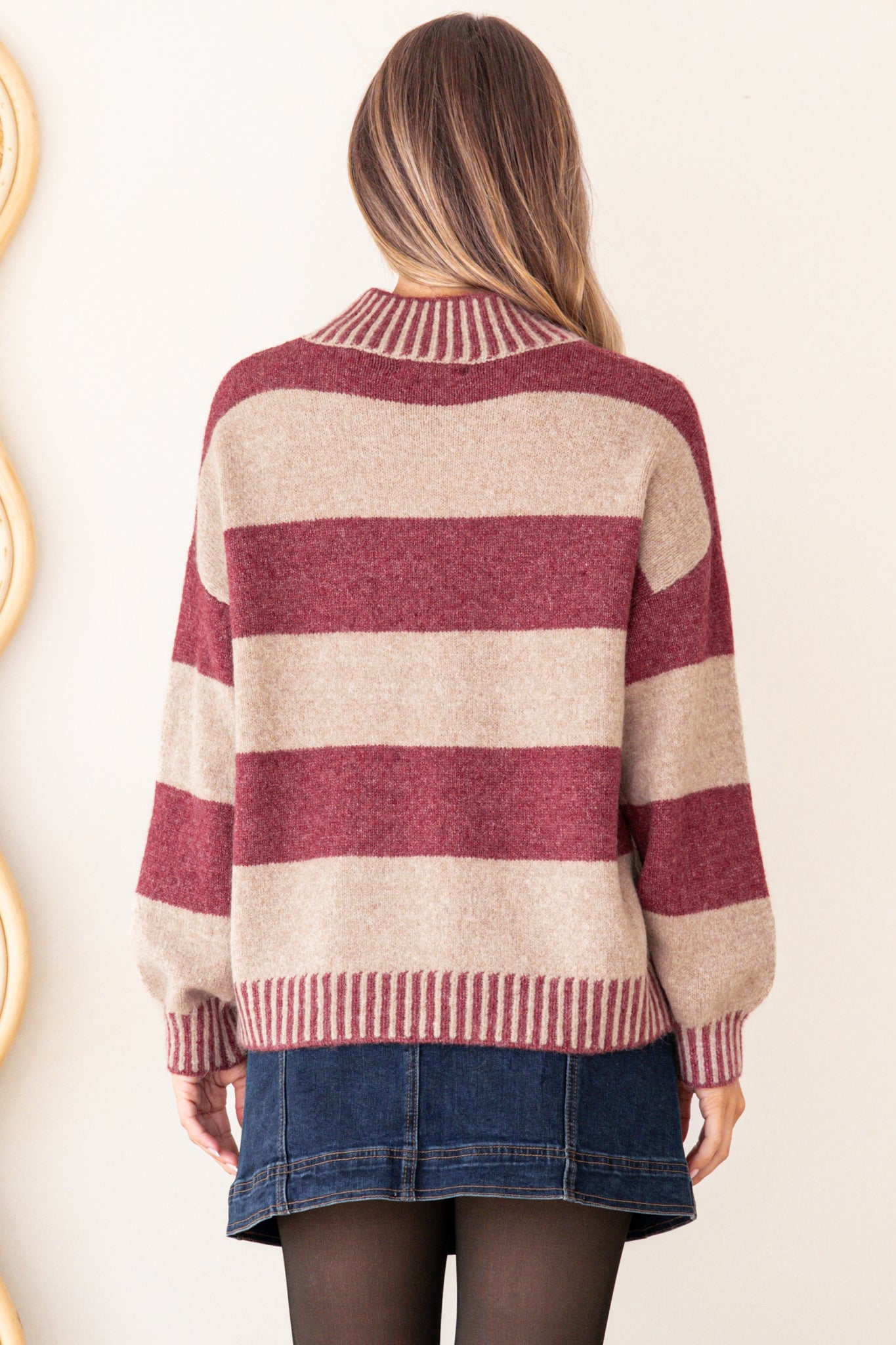 Janie Jumper - Mock Neck Striped Jumper with Contrast Stripe Hemlines in Mauve