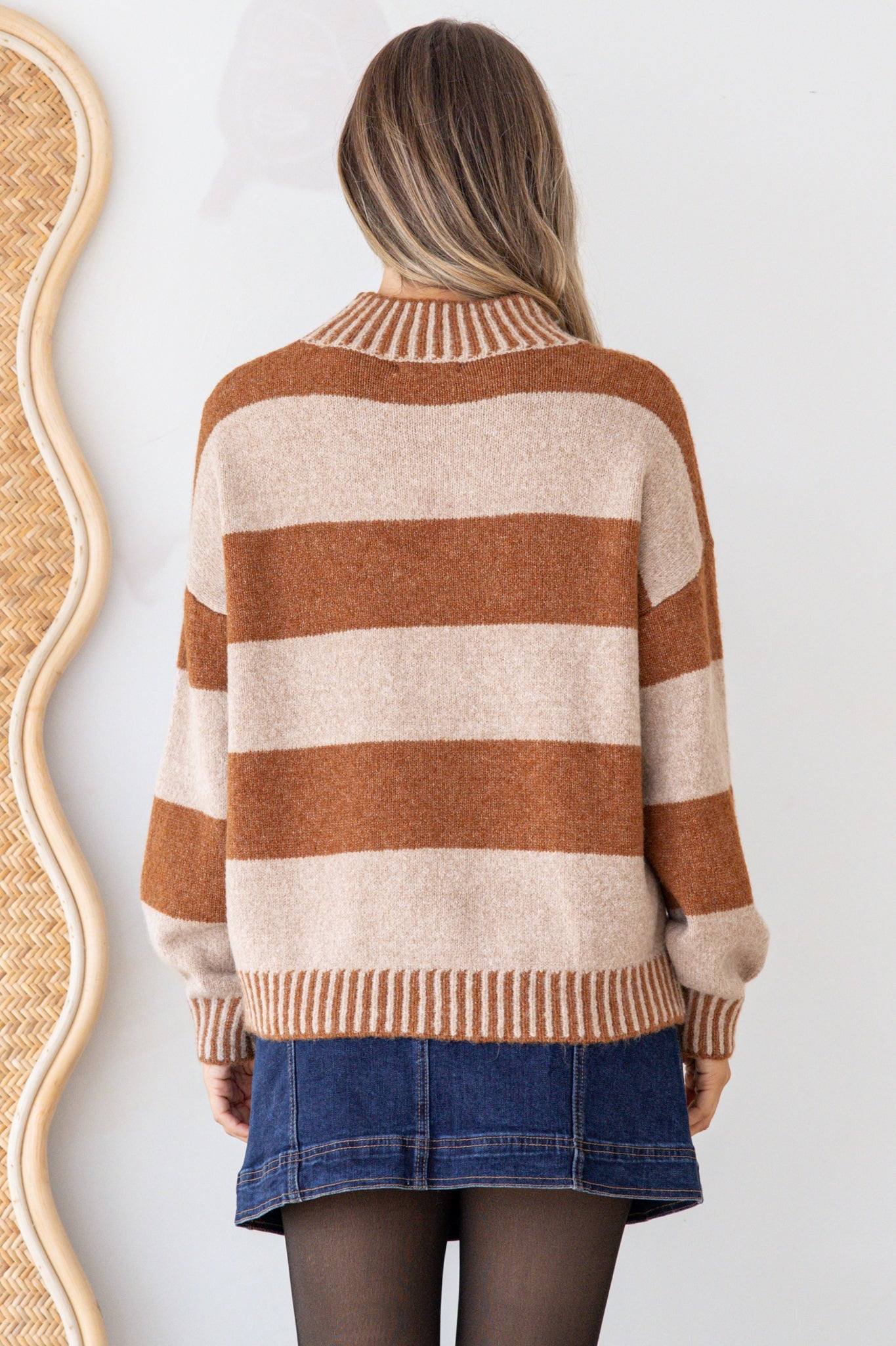 Janie Jumper - Mock Neck Striped Jumper with Contrast Stripe Hemlines in Mocha