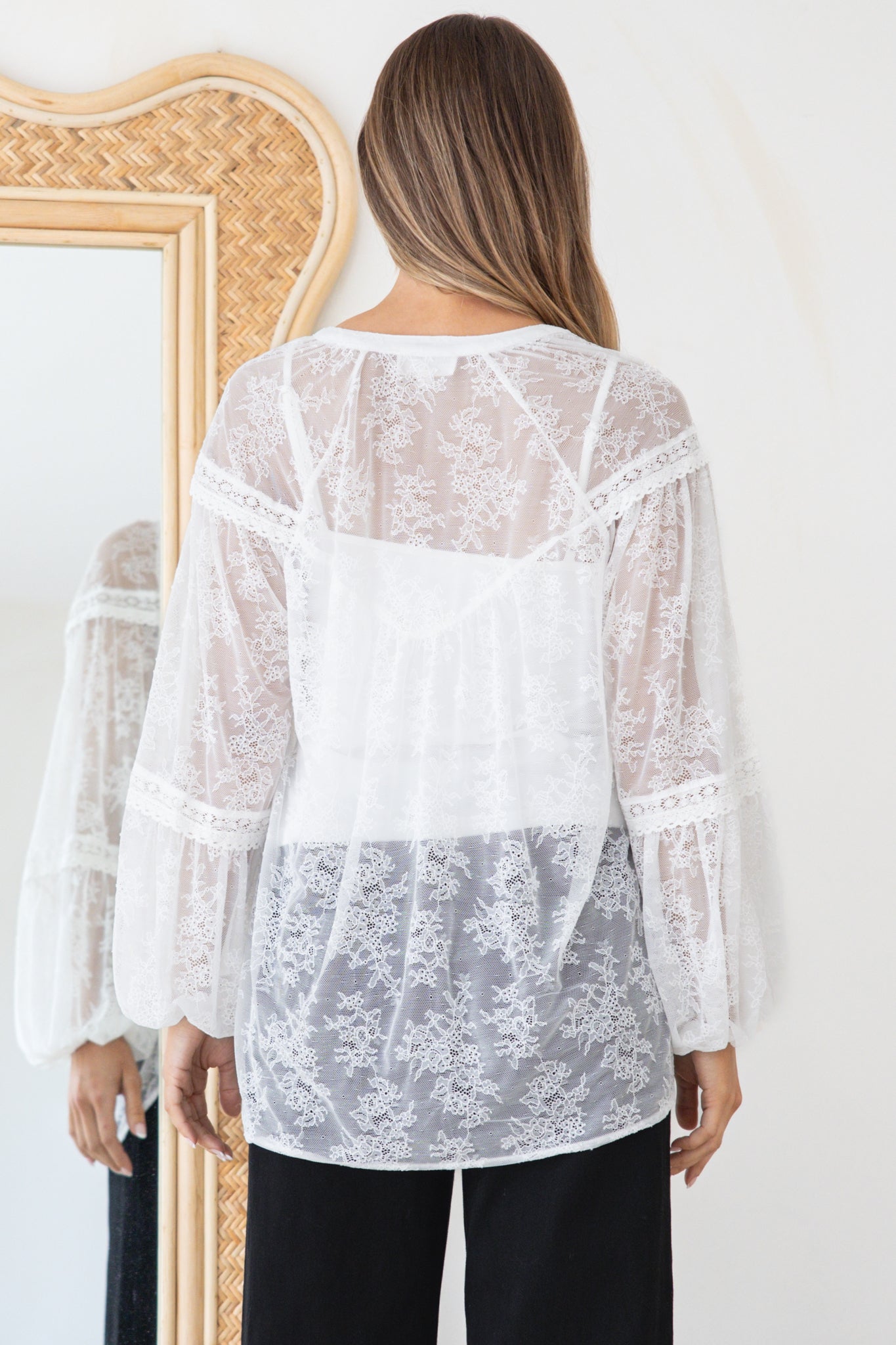 Jocelyn Blouse - Lace Button Down with Cami and Balloon Sleeves in Cream
