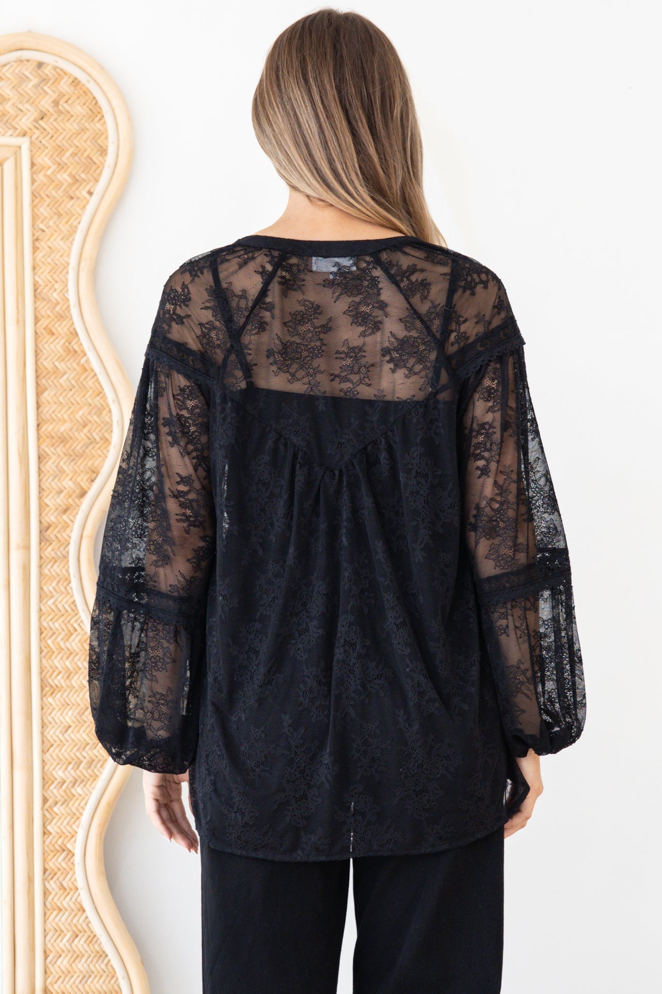 Jocelyn Blouse - Lace Button Down with Cami and Balloon Sleeves in Black