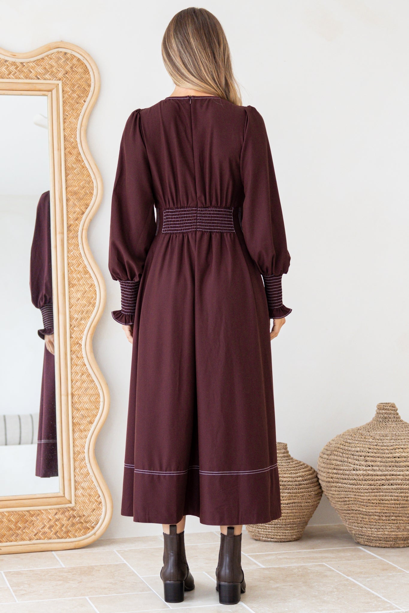 Karey Midi Dress - Fit and Flare Contrast Stitching Dress in Wine