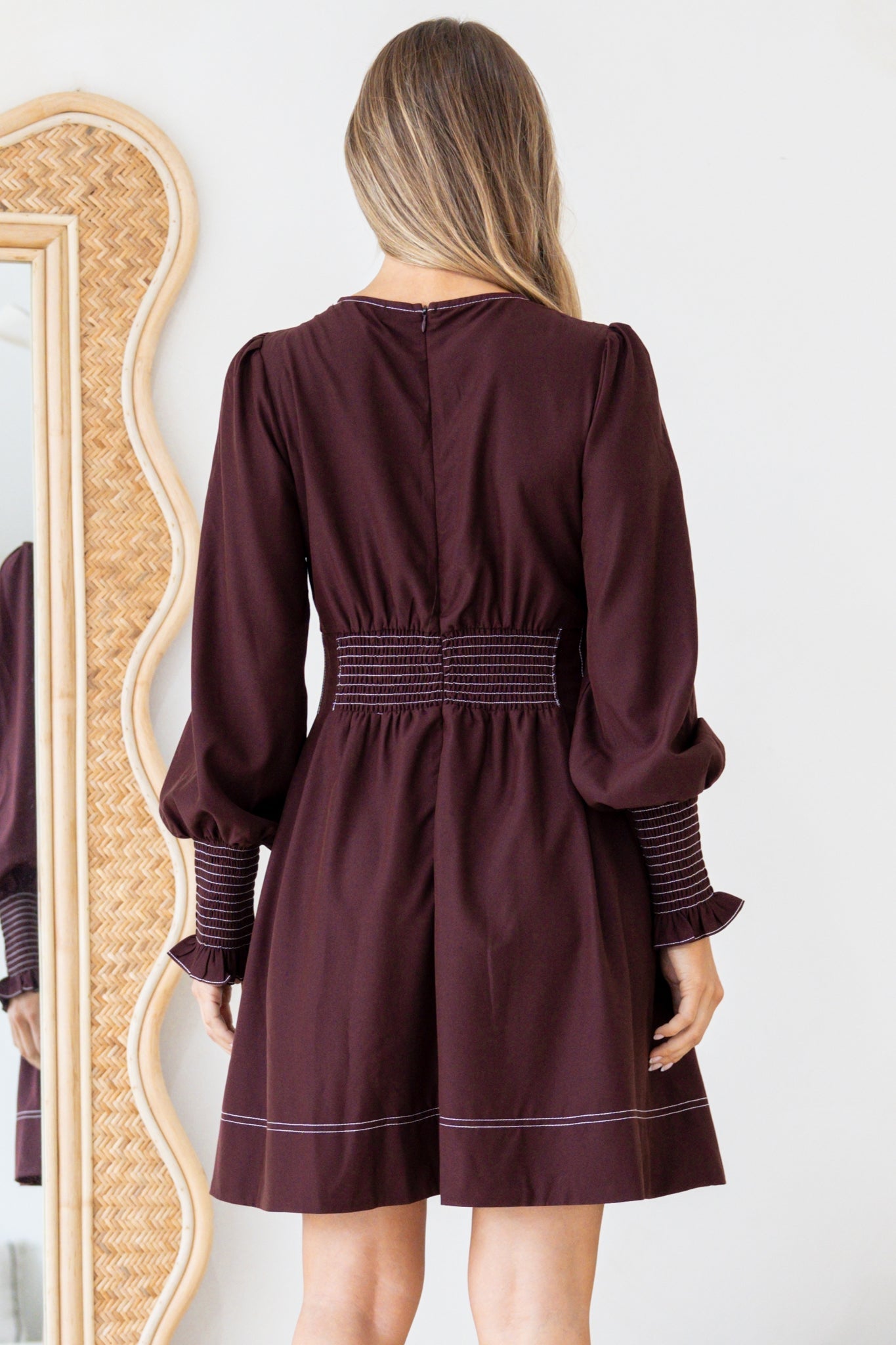Karey Mini Dress - Fit and Flare Contrasr Stitching Dress in Wine