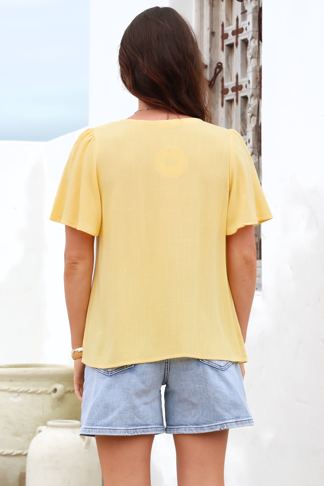 Kendra Top - V Neck Short Sleeve Top with Necktie in Lemon