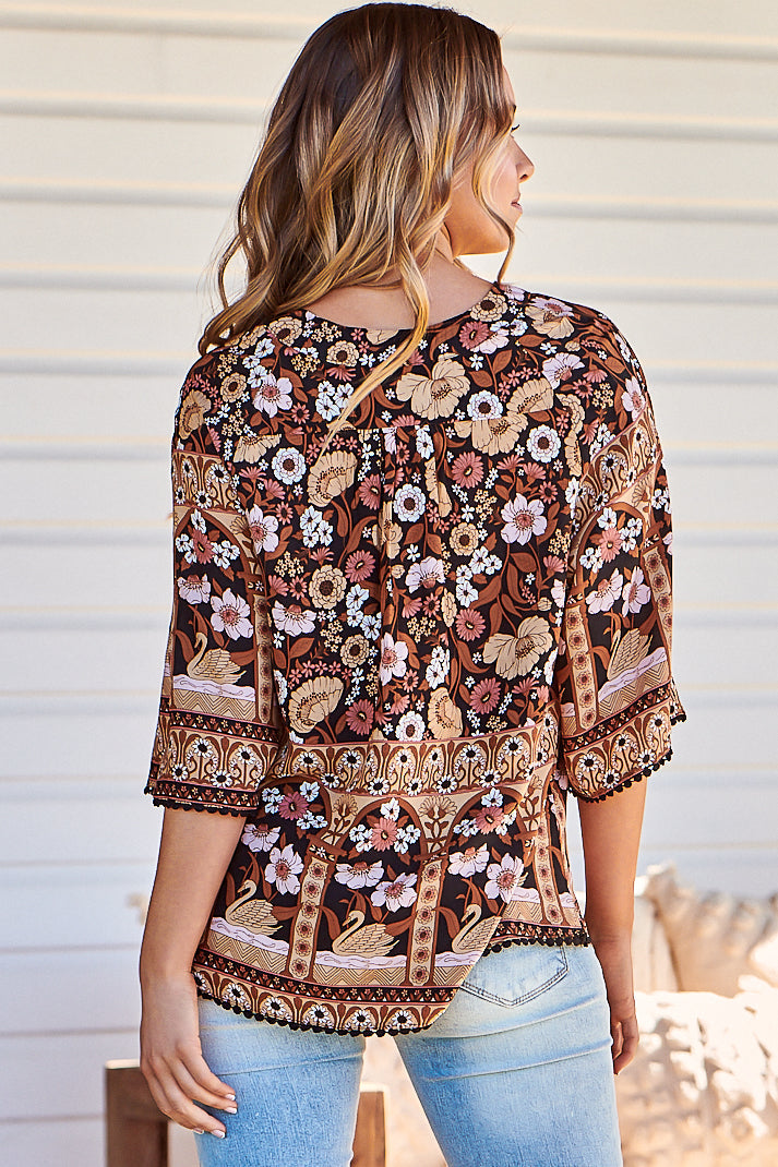 JAASE - Gabriella Top: Mandarin Collar Deep V Neck Crochet Trim Top in Hennie Print