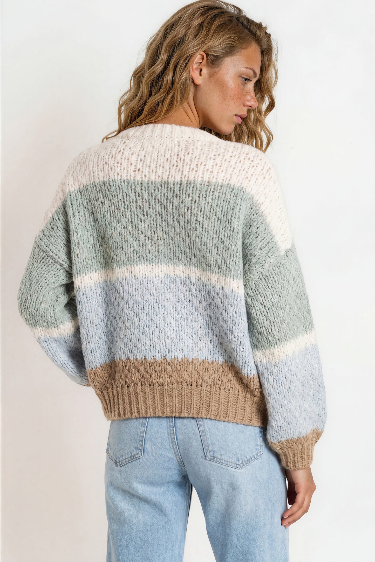 Lane Cardigan - Cropped Open Lattice Knit with Pockets and Balloon Sleeves in White/Green