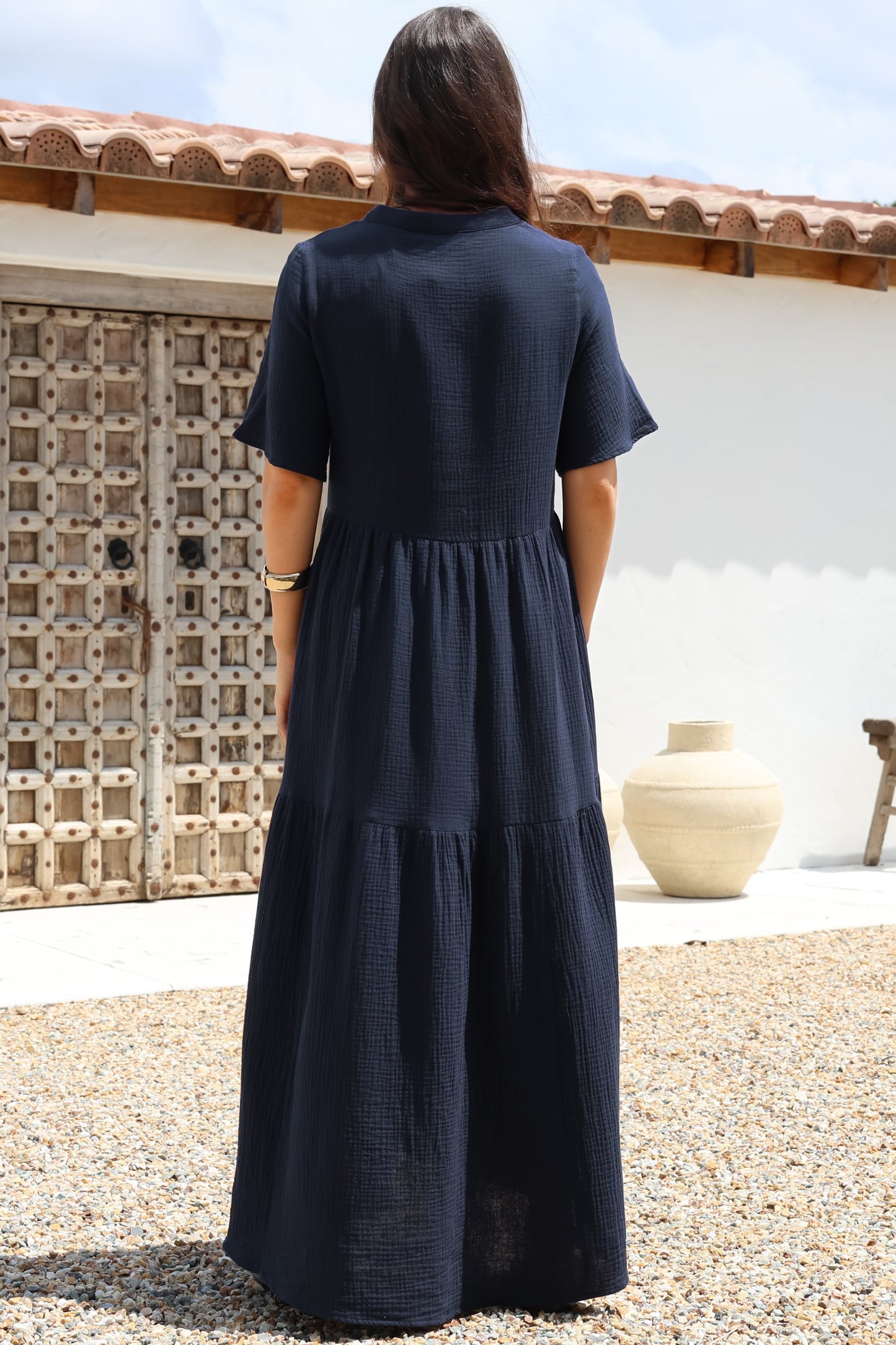 Laysa Maxi Dress - Mandarin Collar Short Sleeve Dress in Navy