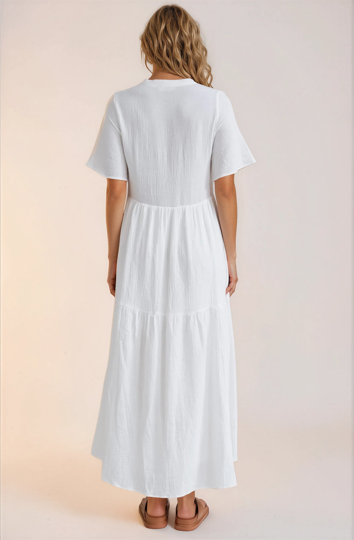 Laysa Maxi Dress - Mandarin Collar Short Sleeve Dress in White