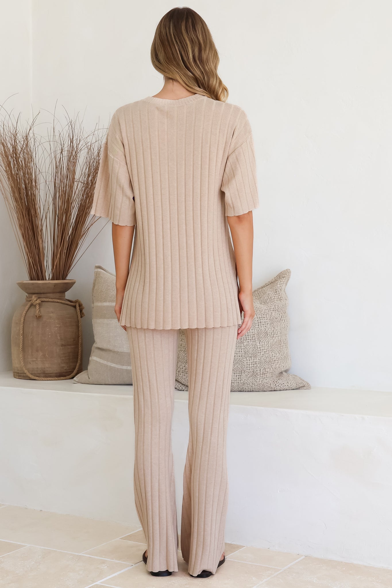 Lisette Set - Ribbed Knit Crew Neck Top and Subtle High Waisted Flared Tights in Cream