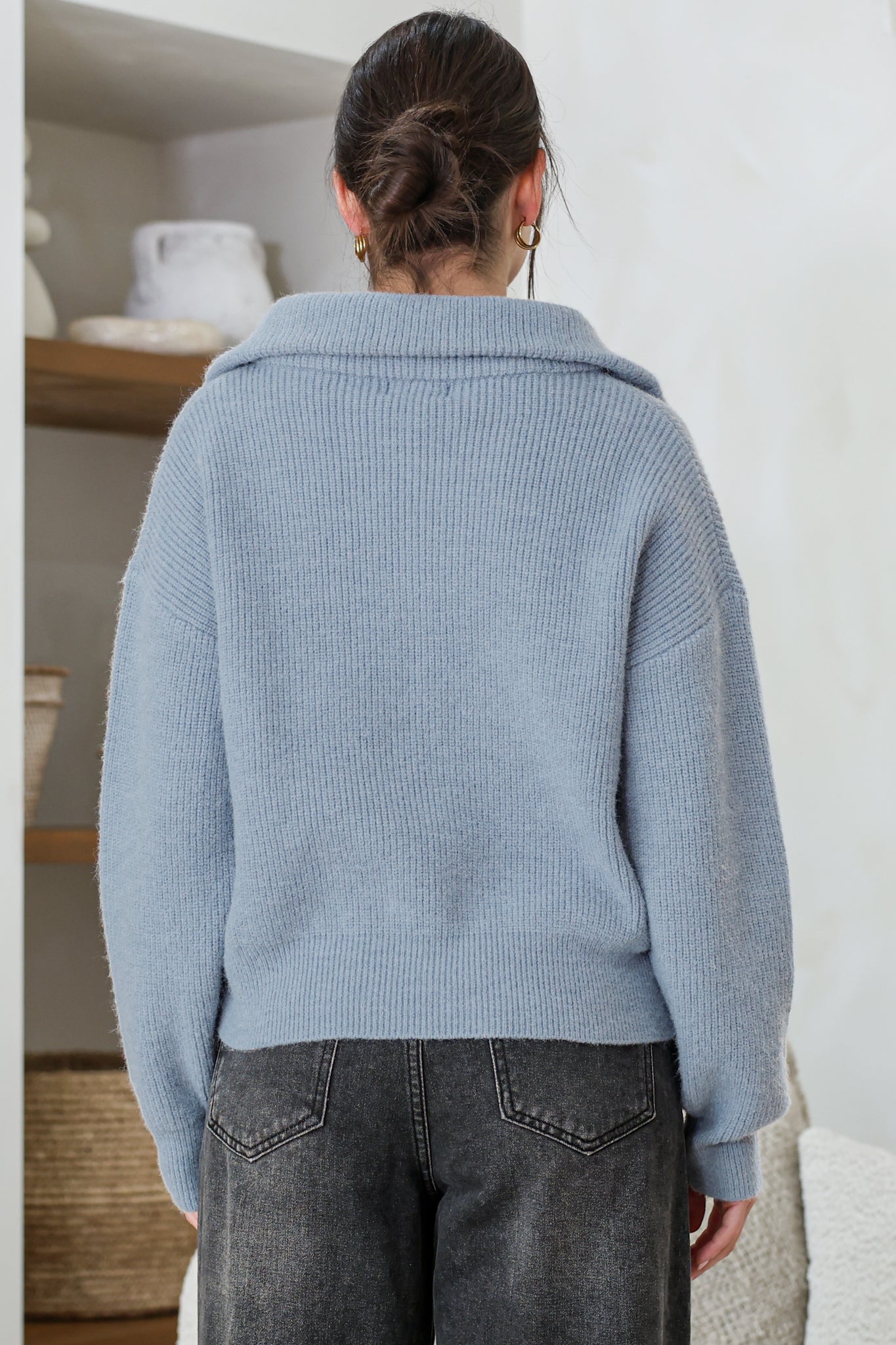 Logan Cardigan - Zipper Front Ribbed Knit with Wing Collar in Blue