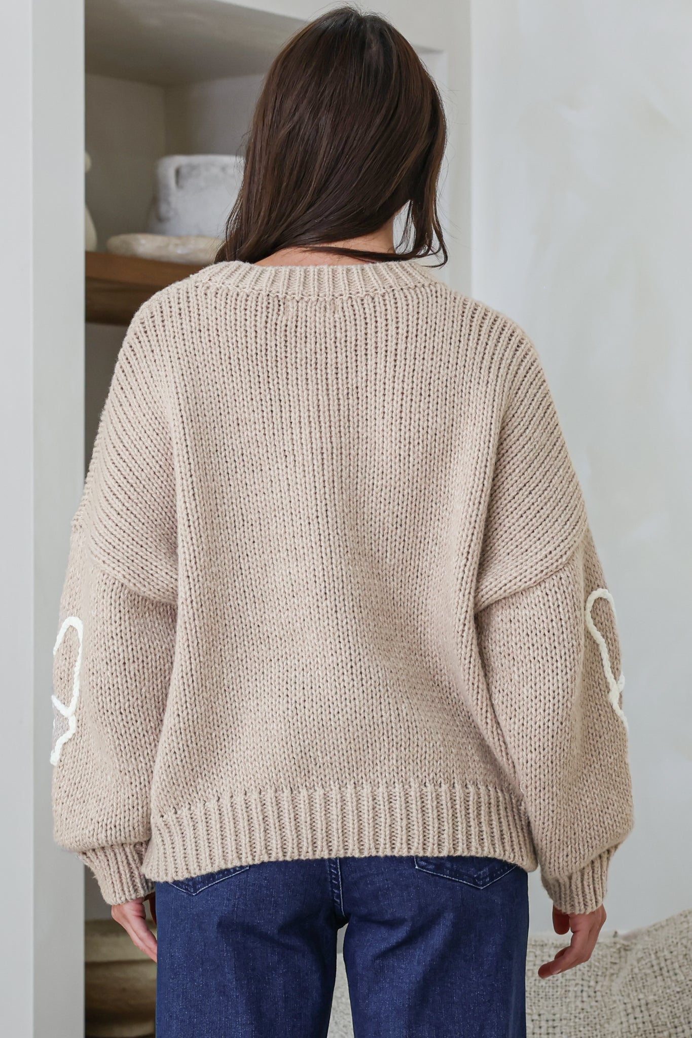 Lulu Jumper - Crew Neck Abstract Floral Motif Knit with Balloon Sleeves in Taupe